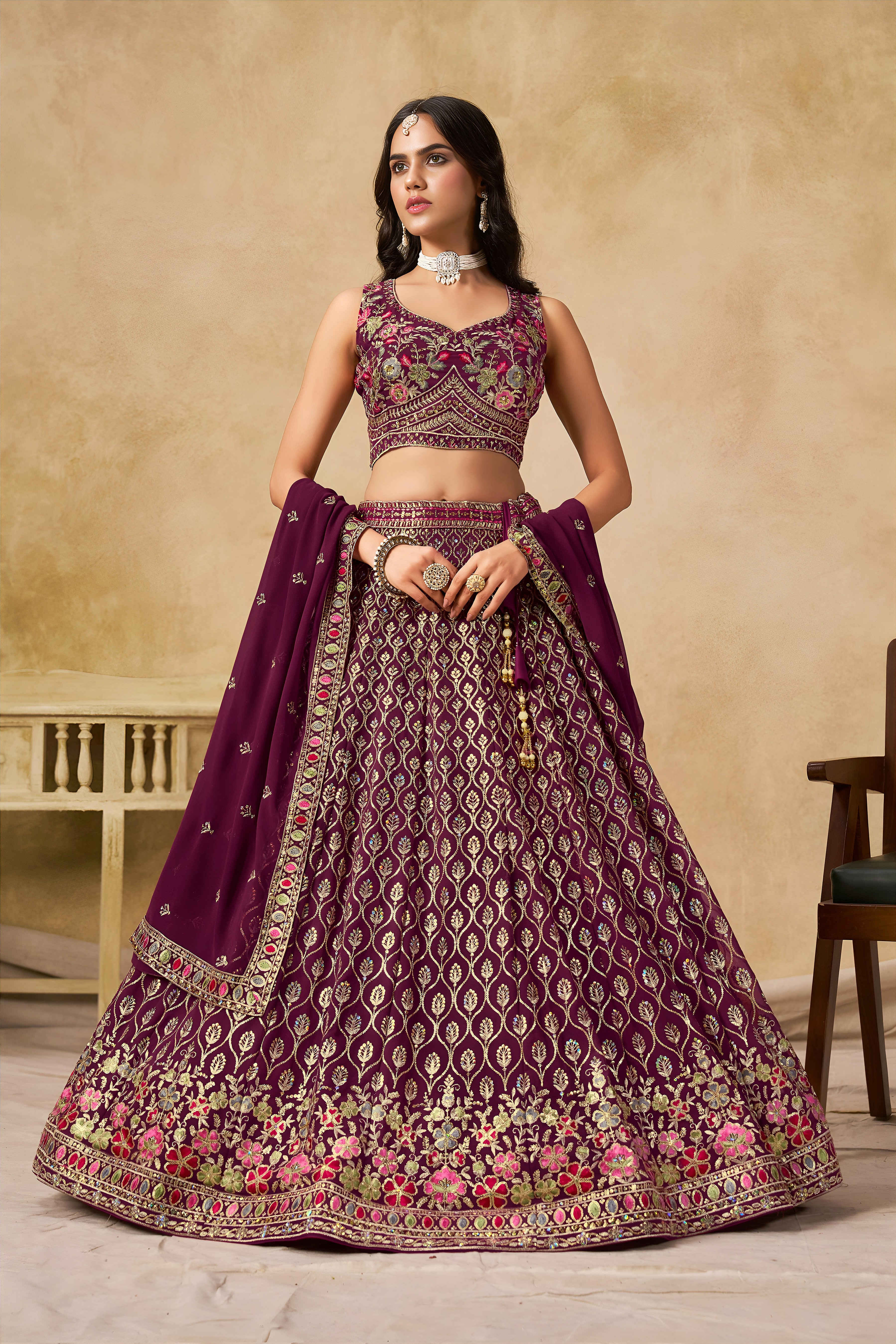 Sakhi Maroon Soft Georgette with Sequins Zari Resham and Badla Embroidery Work Lehenga Choli