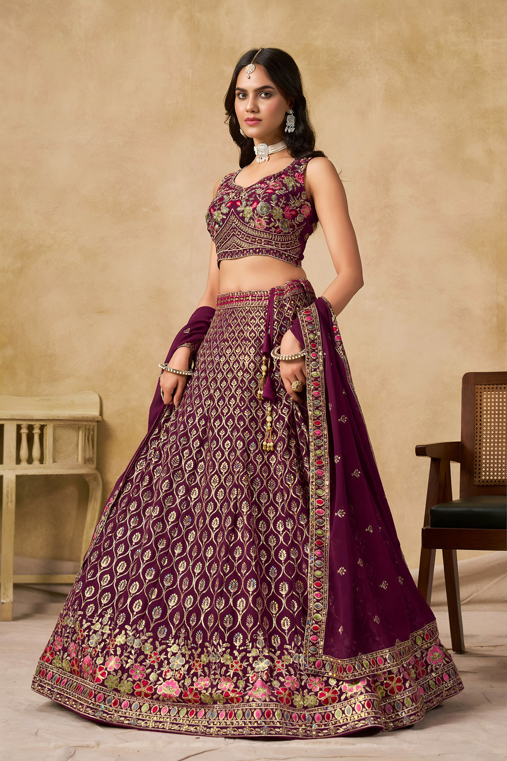 Sakhi Maroon Soft Georgette with Sequins Zari Resham and Badla Embroidery Work Lehenga Choli