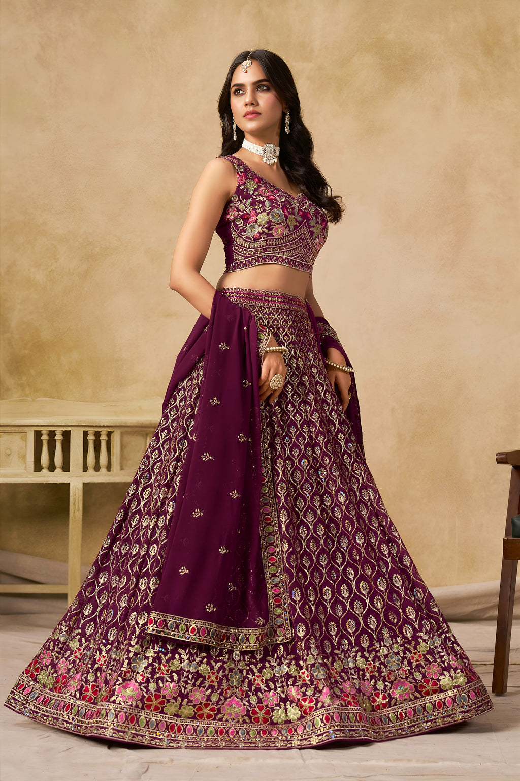 Sakhi Maroon Soft Georgette with Sequins Zari Resham and Badla Embroidery Work Lehenga Choli