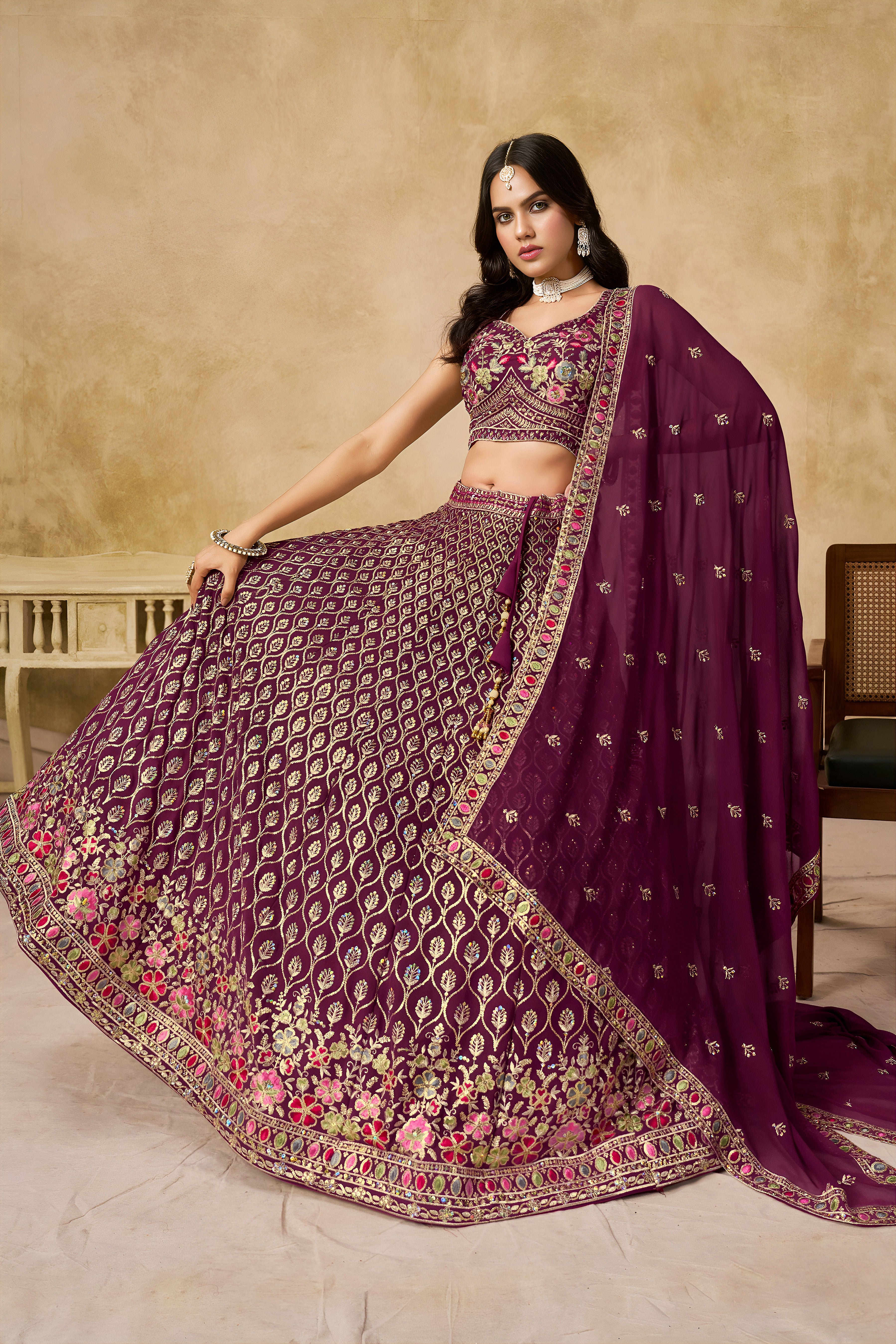 Sakhi Maroon Soft Georgette with Sequins Zari Resham and Badla Embroidery Work Lehenga Choli