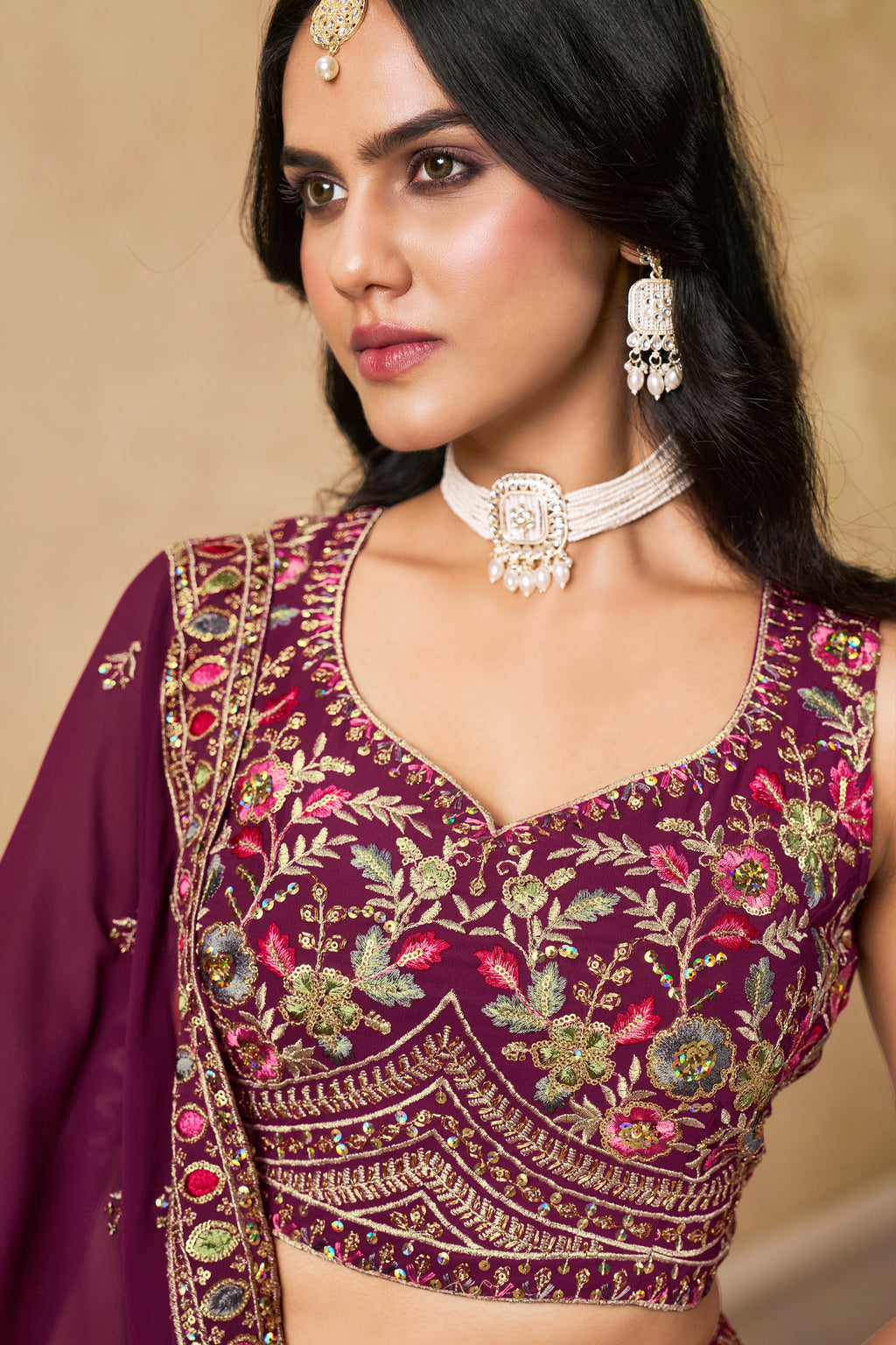Sakhi Maroon Soft Georgette with Sequins Zari Resham and Badla Embroidery Work Lehenga Choli