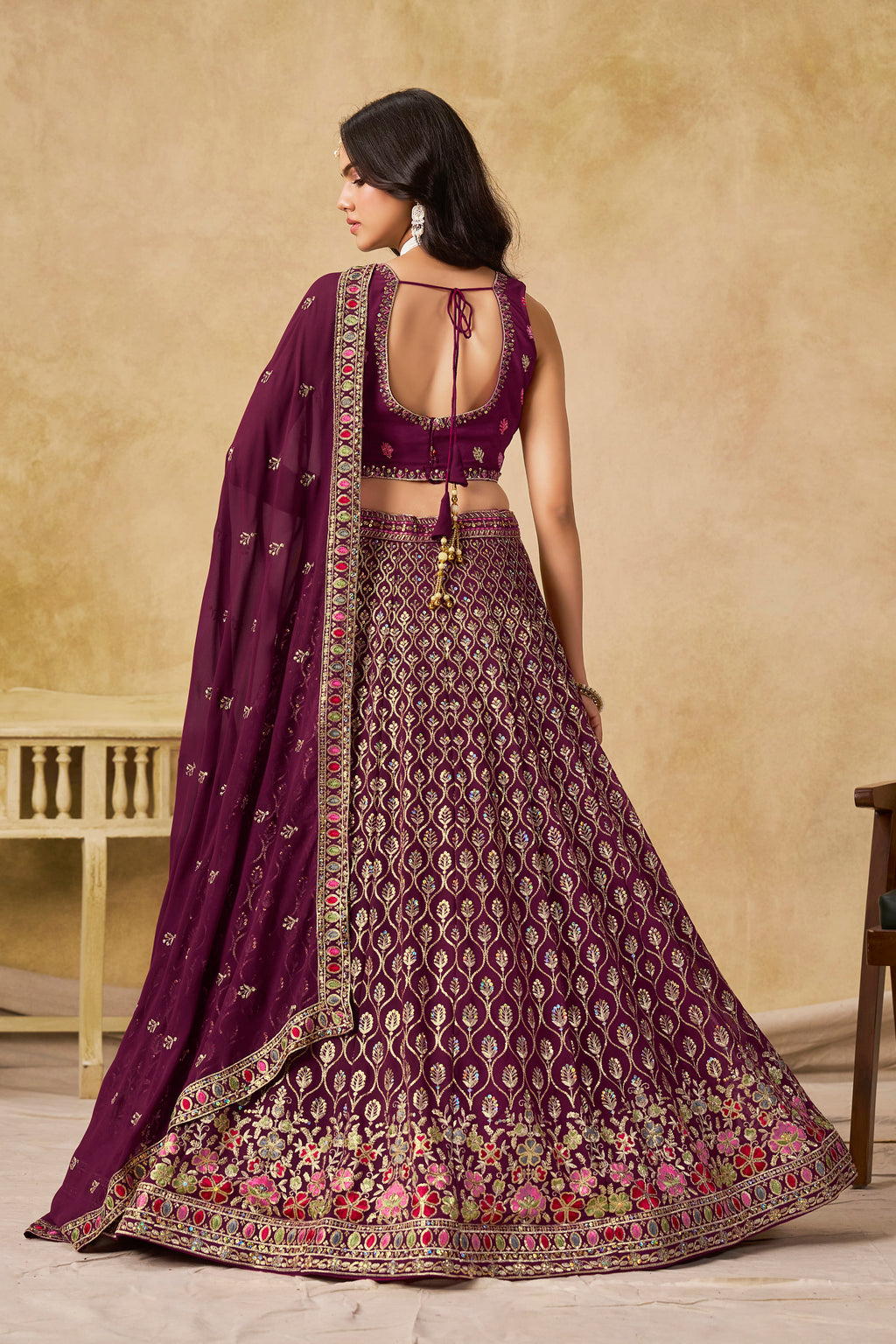 Sakhi Maroon Soft Georgette with Sequins Zari Resham and Badla Embroidery Work Lehenga Choli