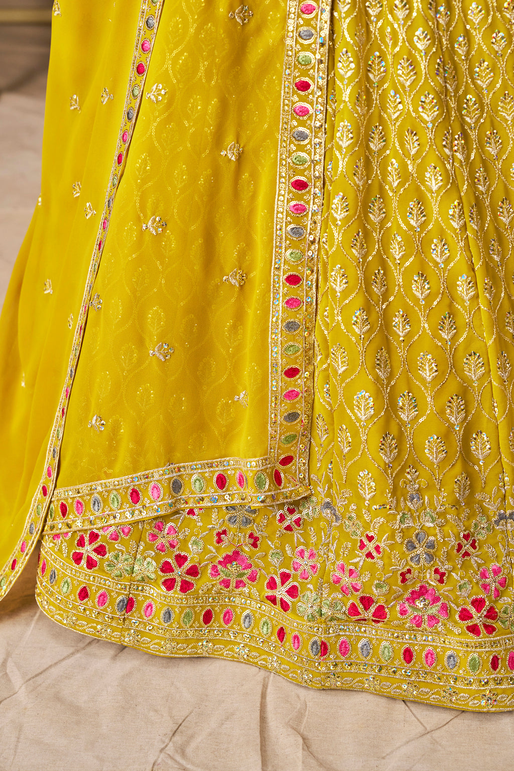 Sakhi Yellow Soft Georgette with Sequins Zari Resham and Badla Embroidery Work Lehenga Choli