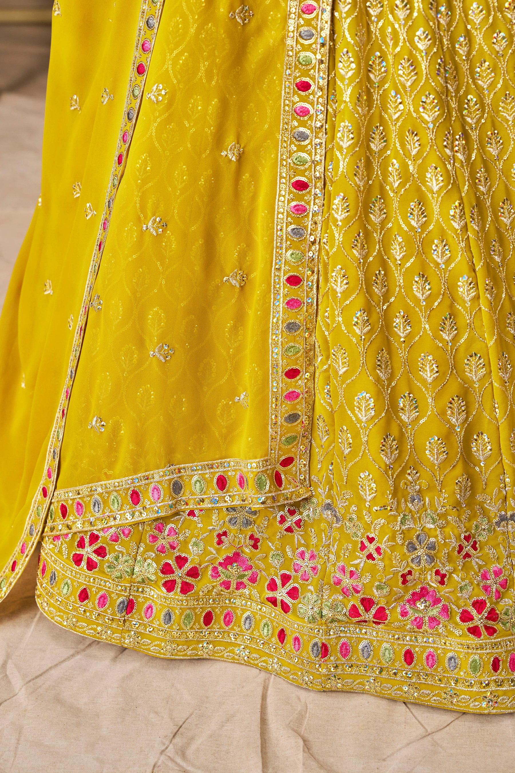 Sakhi Yellow Soft Georgette with Sequins Zari Resham and Badla Embroidery Work Lehenga Choli