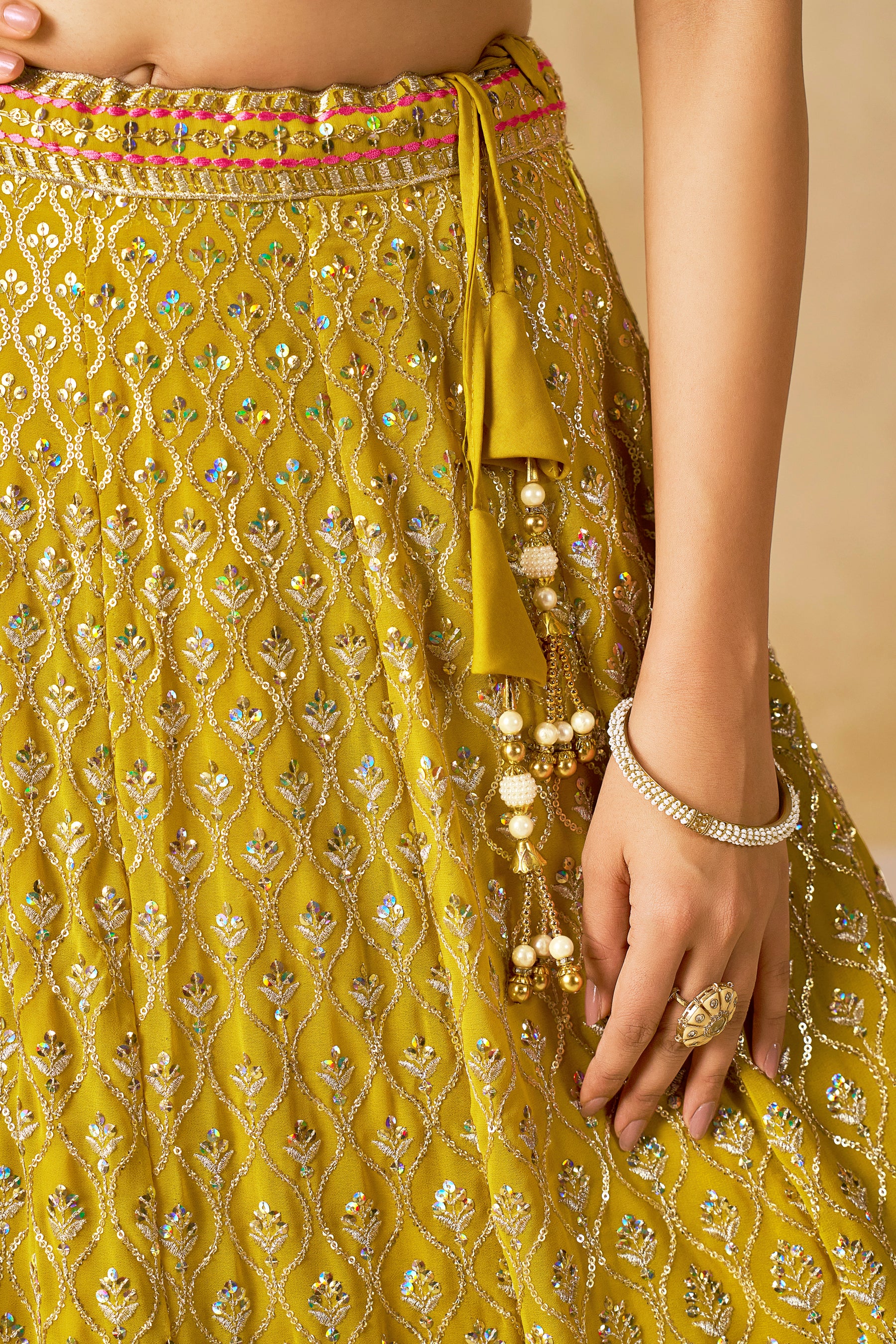 Sakhi Yellow Soft Georgette with Sequins Zari Resham and Badla Embroidery Work Lehenga Choli