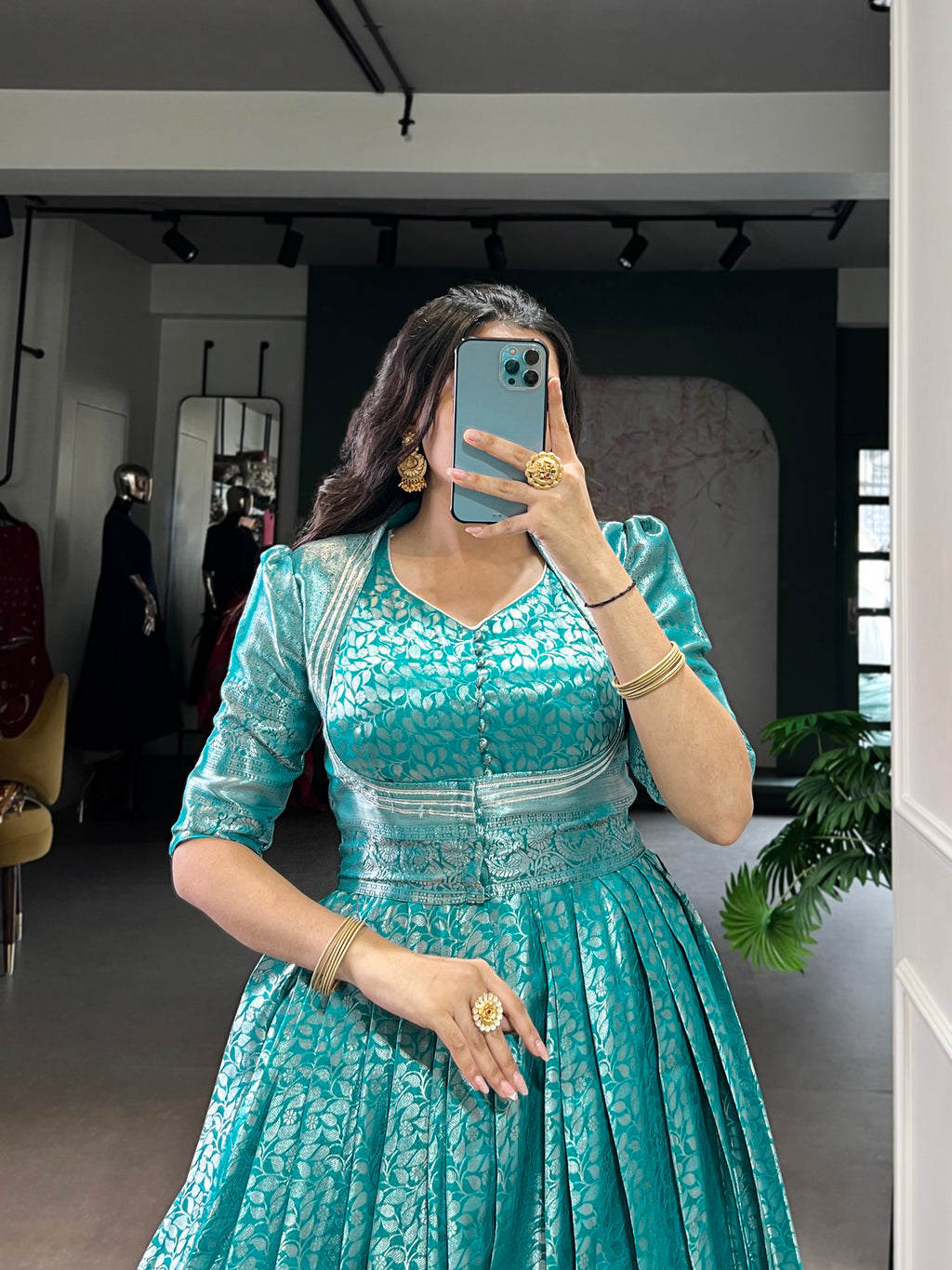 Teal Color Kanjivaram Zari Weaving Work Gown with Lace Touch-Up Koti