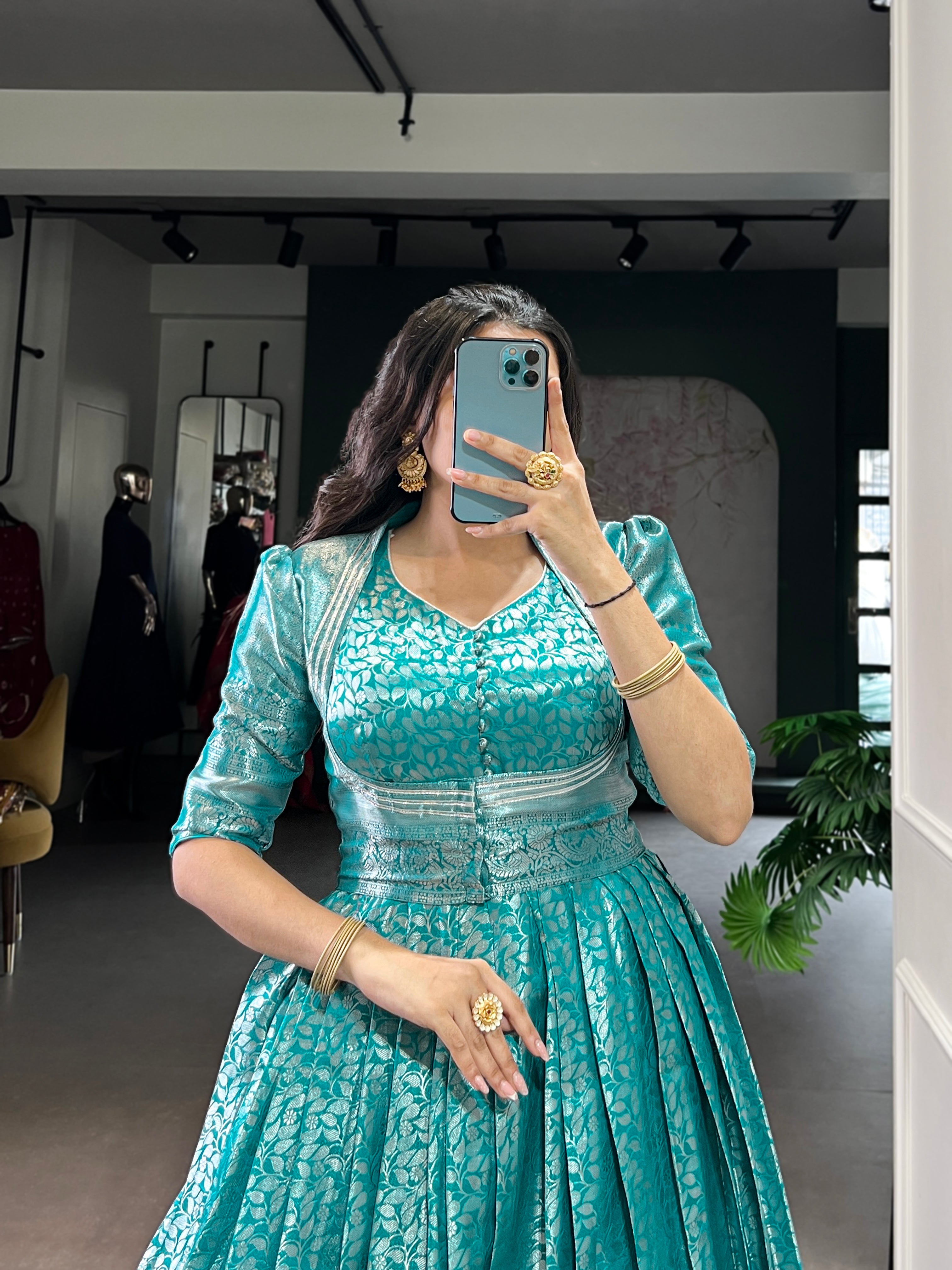 Teal Color Kanjivaram Zari Weaving Work Gown with Lace Touch-Up Koti