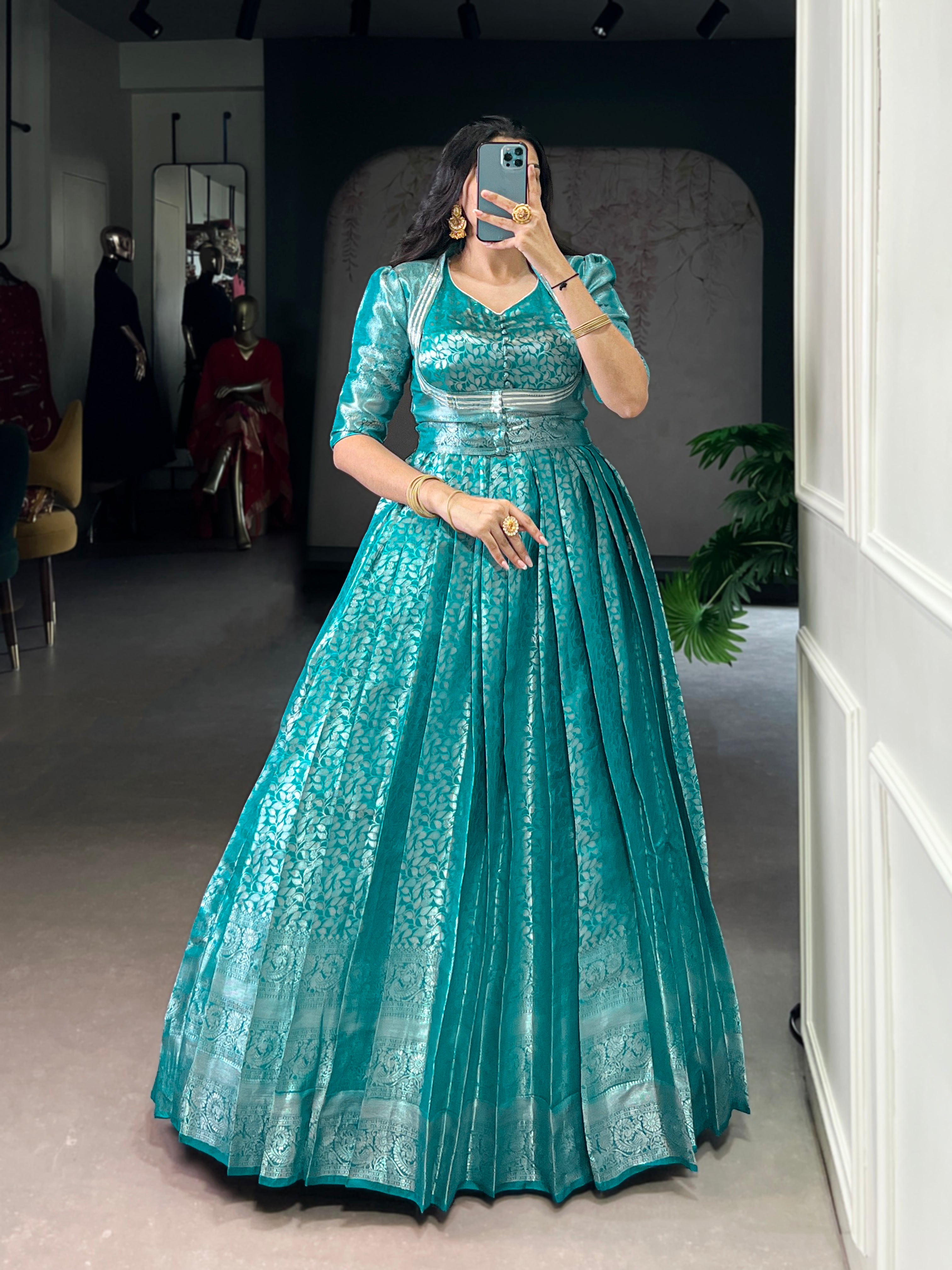 Teal Color Kanjivaram Zari Weaving Work Gown with Lace Touch-Up Koti