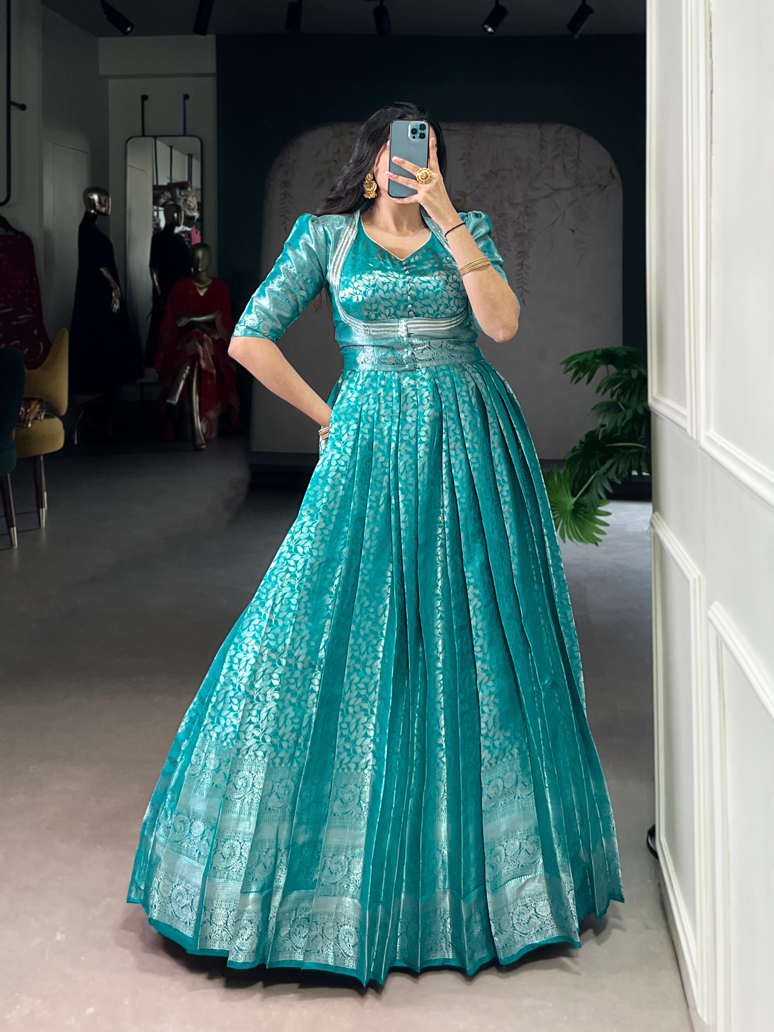 Teal Color Kanjivaram Zari Weaving Work Gown with Lace Touch-Up Koti