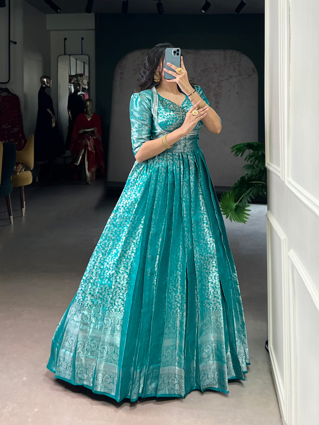 Teal Color Kanjivaram Zari Weaving Work Gown with Lace Touch-Up Koti