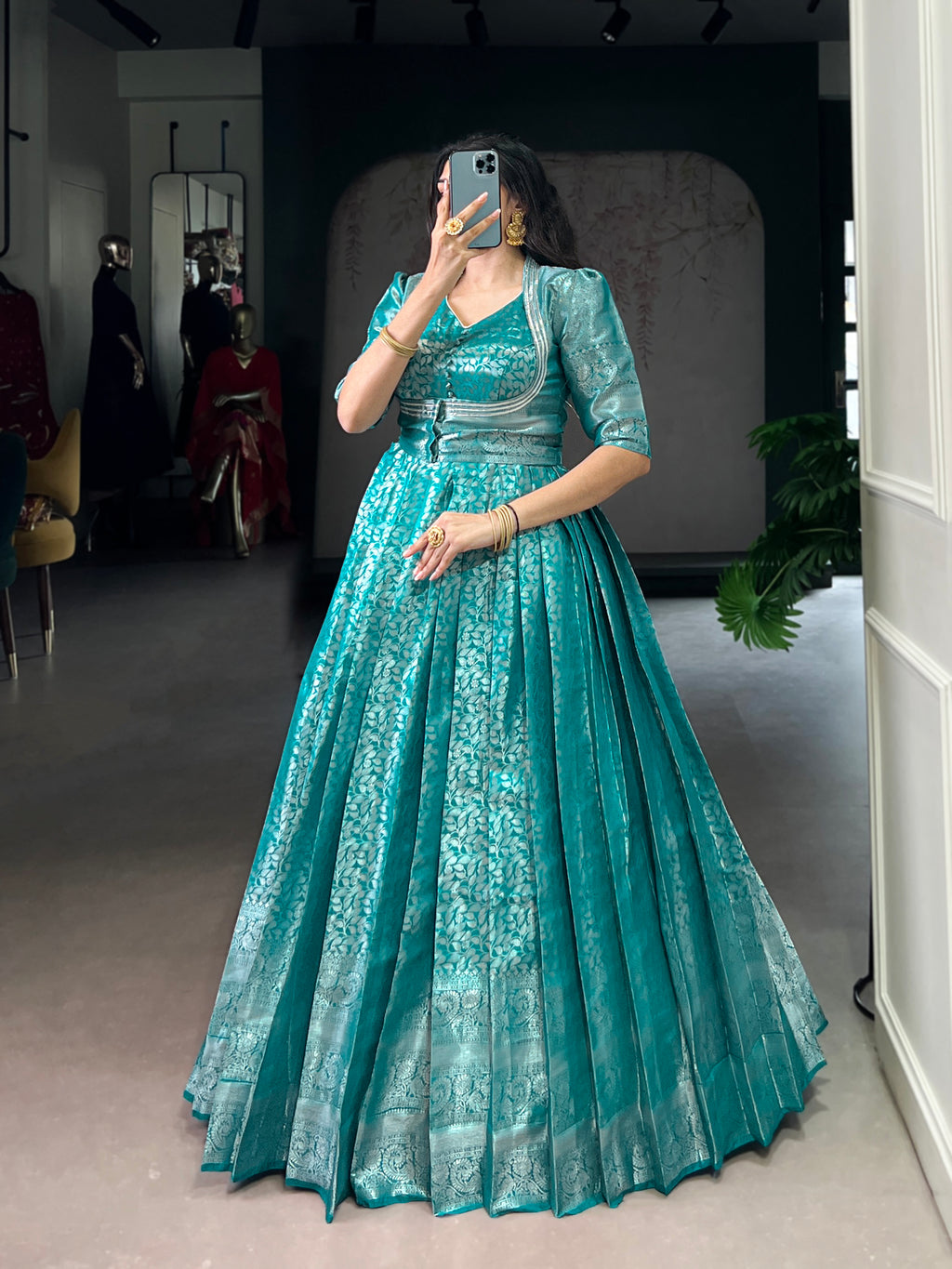 Teal Color Kanjivaram Zari Weaving Work Gown with Lace Touch-Up Koti