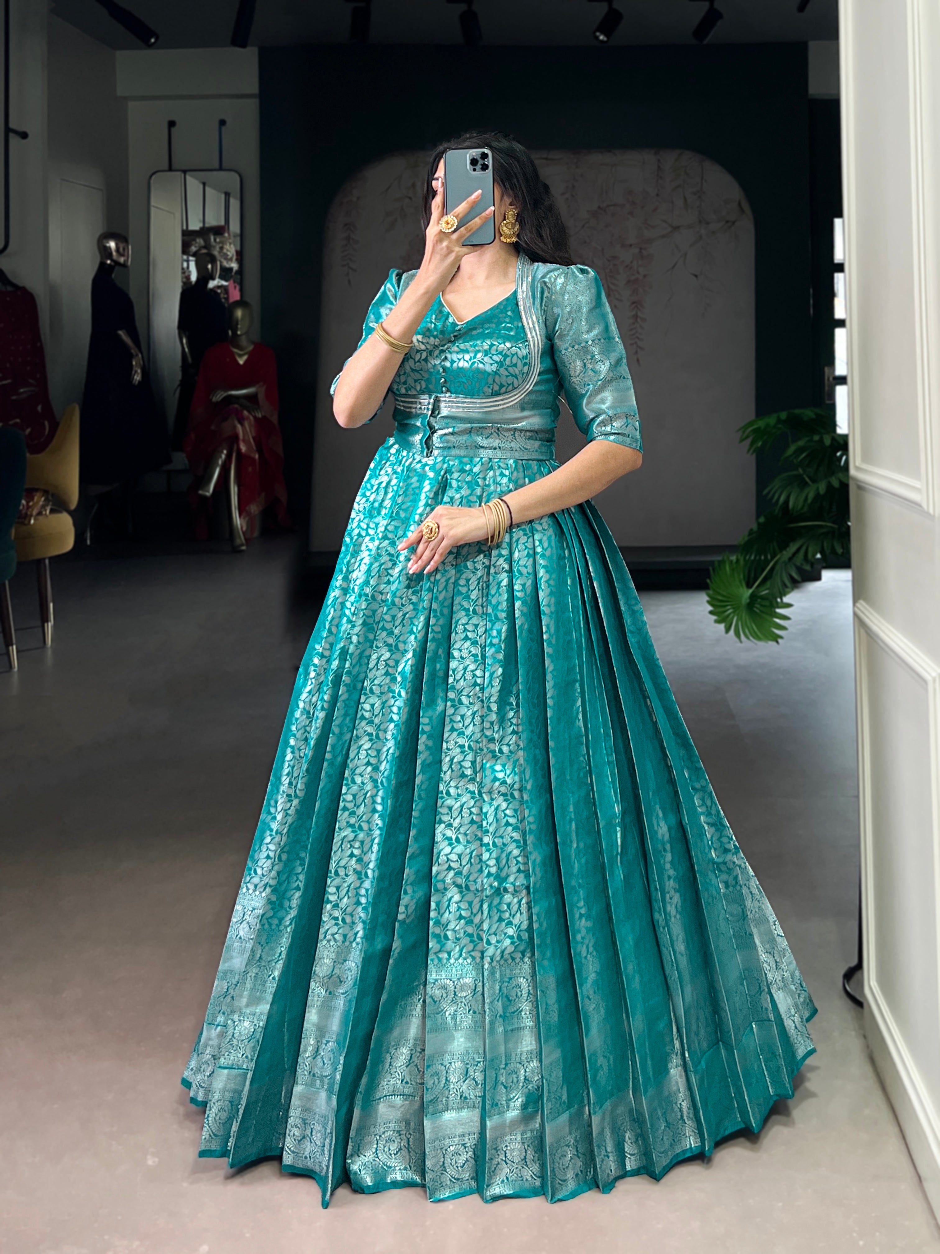 Teal Color Kanjivaram Zari Weaving Work Gown with Lace Touch-Up Koti