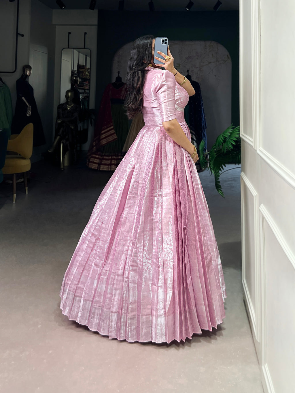 Pink Color Kanjivaram Zari Weaving Work Gown with Lace Touch-Up Koti