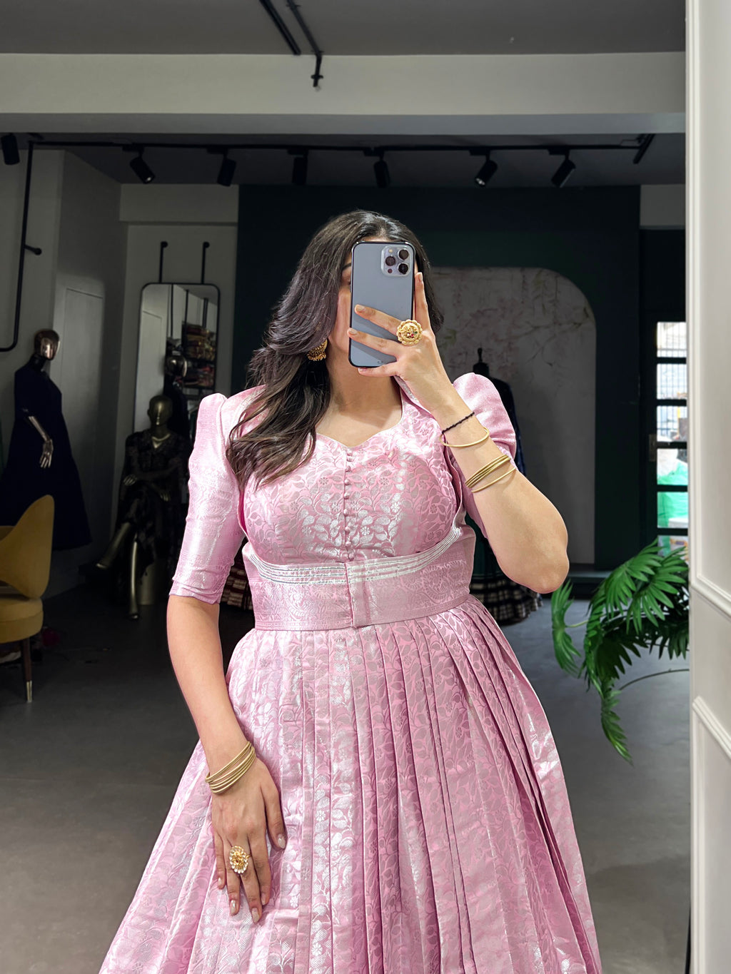 Pink Color Kanjivaram Zari Weaving Work Gown with Lace Touch-Up Koti