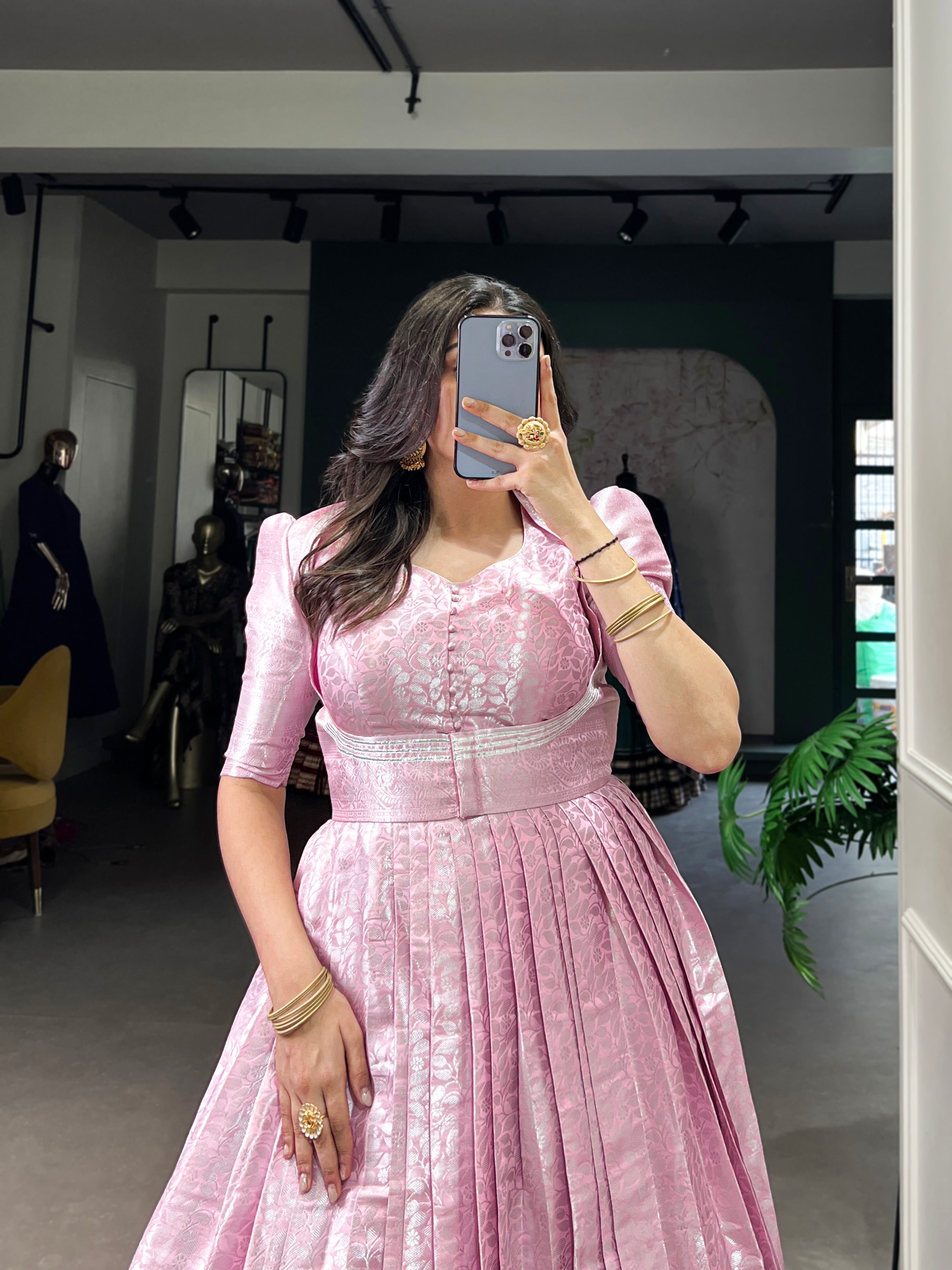 Pink Color Kanjivaram Zari Weaving Work Gown with Lace Touch-Up Koti