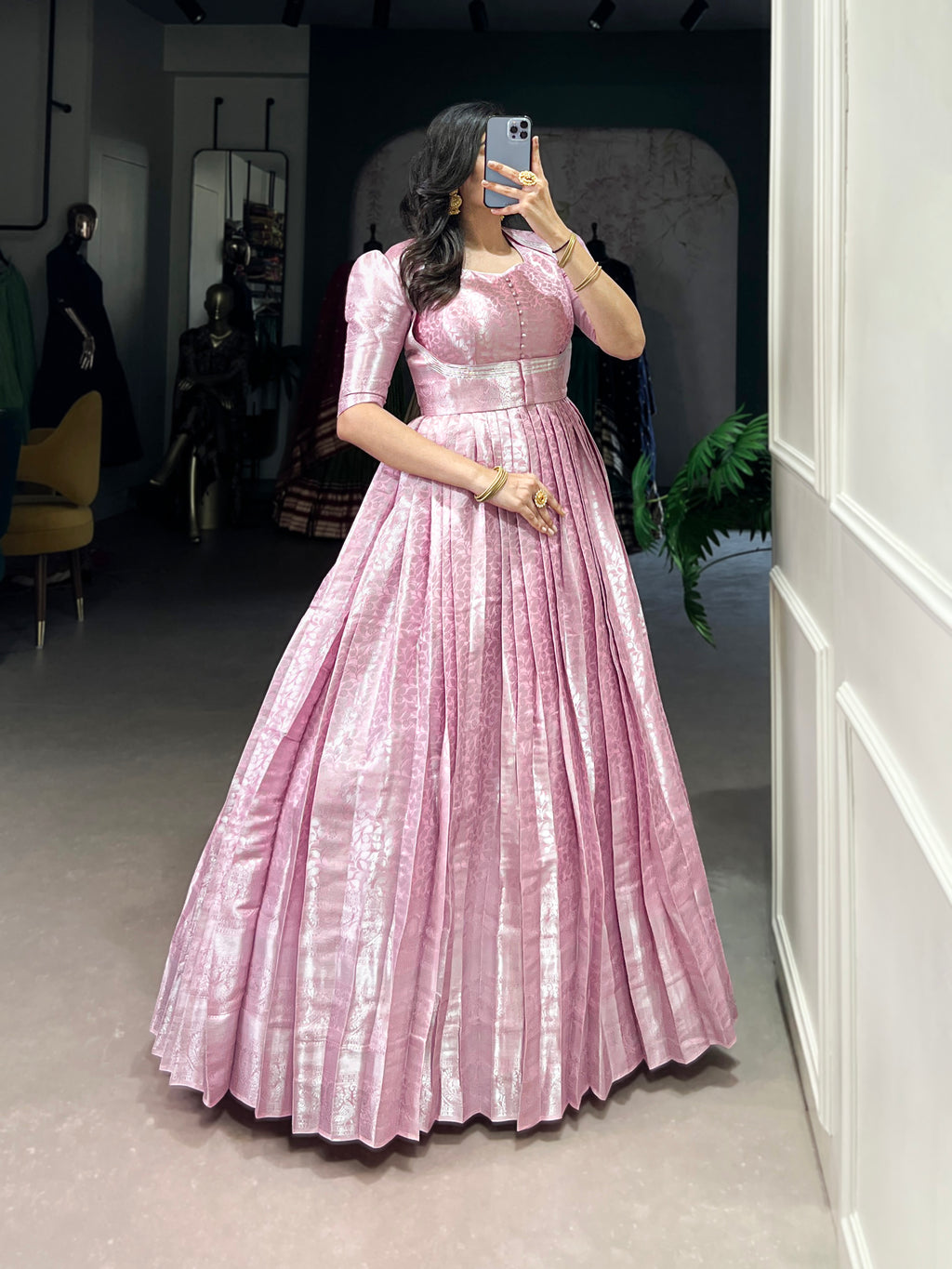 Pink Color Kanjivaram Zari Weaving Work Gown with Lace Touch-Up Koti