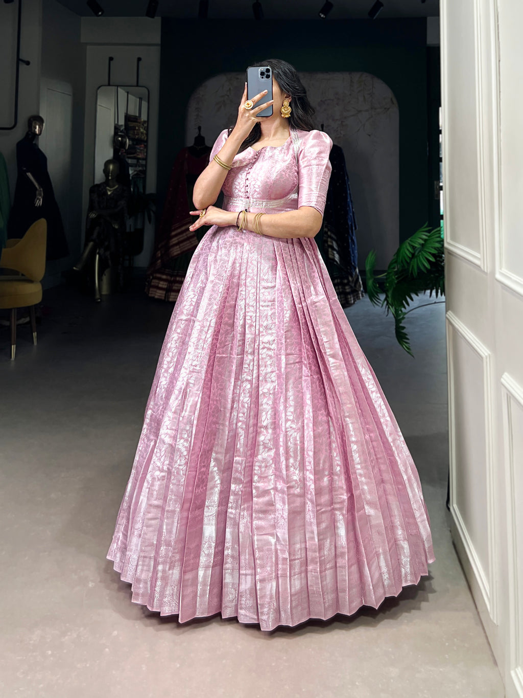 Pink Color Kanjivaram Zari Weaving Work Gown with Lace Touch-Up Koti