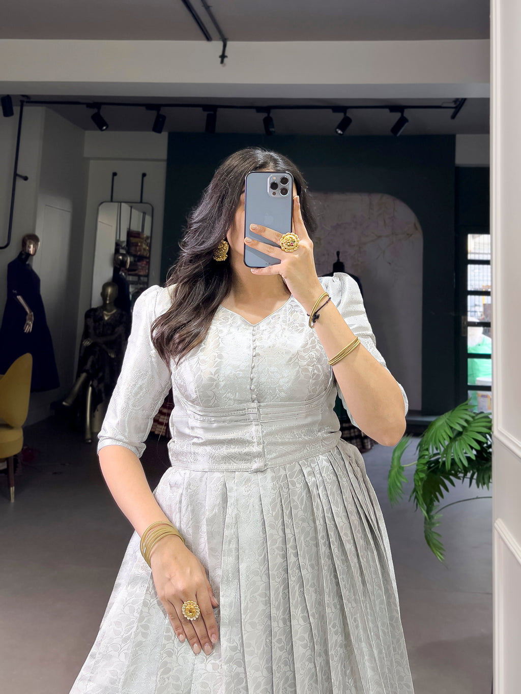 Grey Color Kanjivaram Zari Weaving Work Gown with Lace Touch-Up Koti