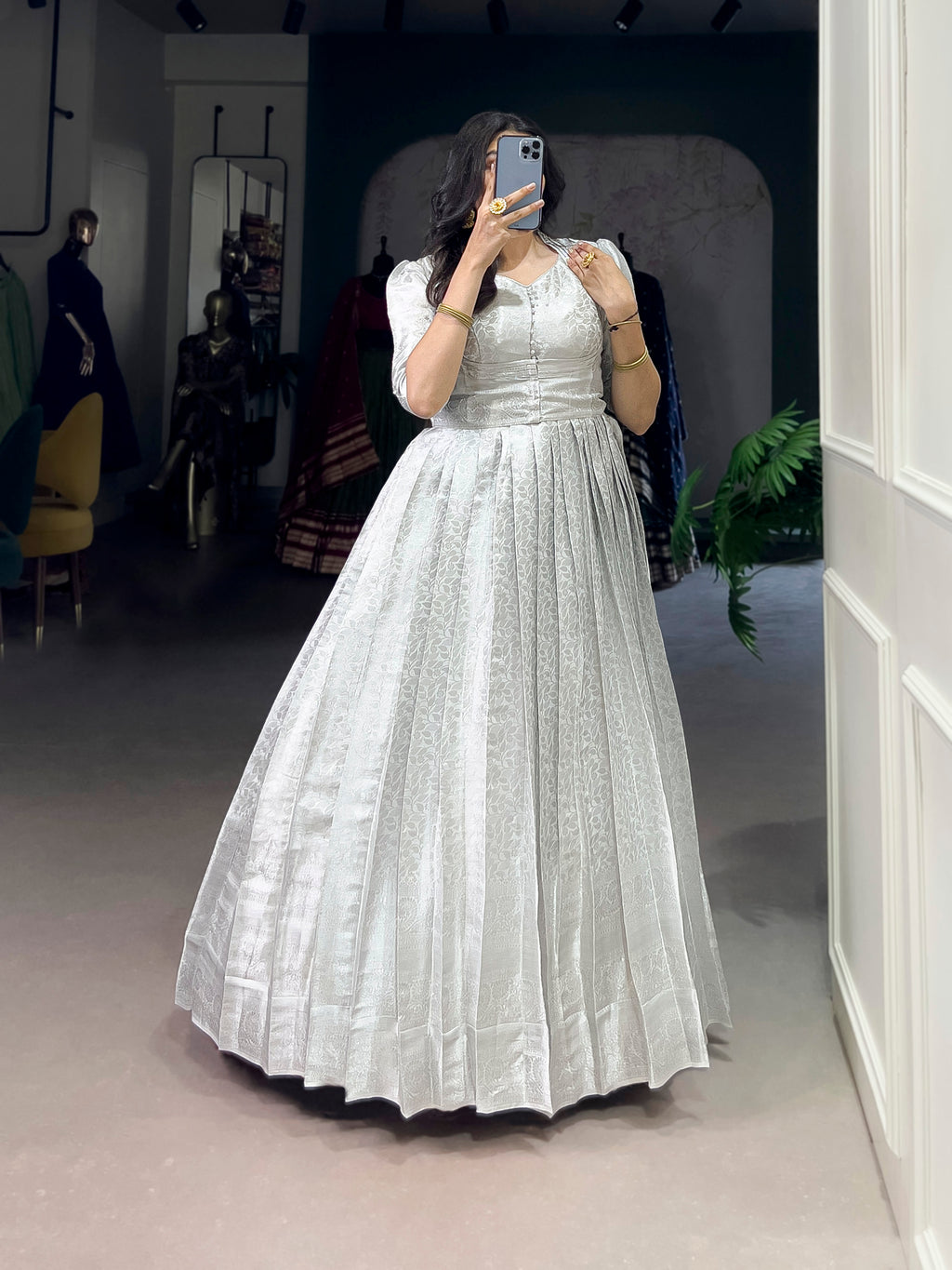 Grey Color Kanjivaram Zari Weaving Work Gown with Lace Touch-Up Koti