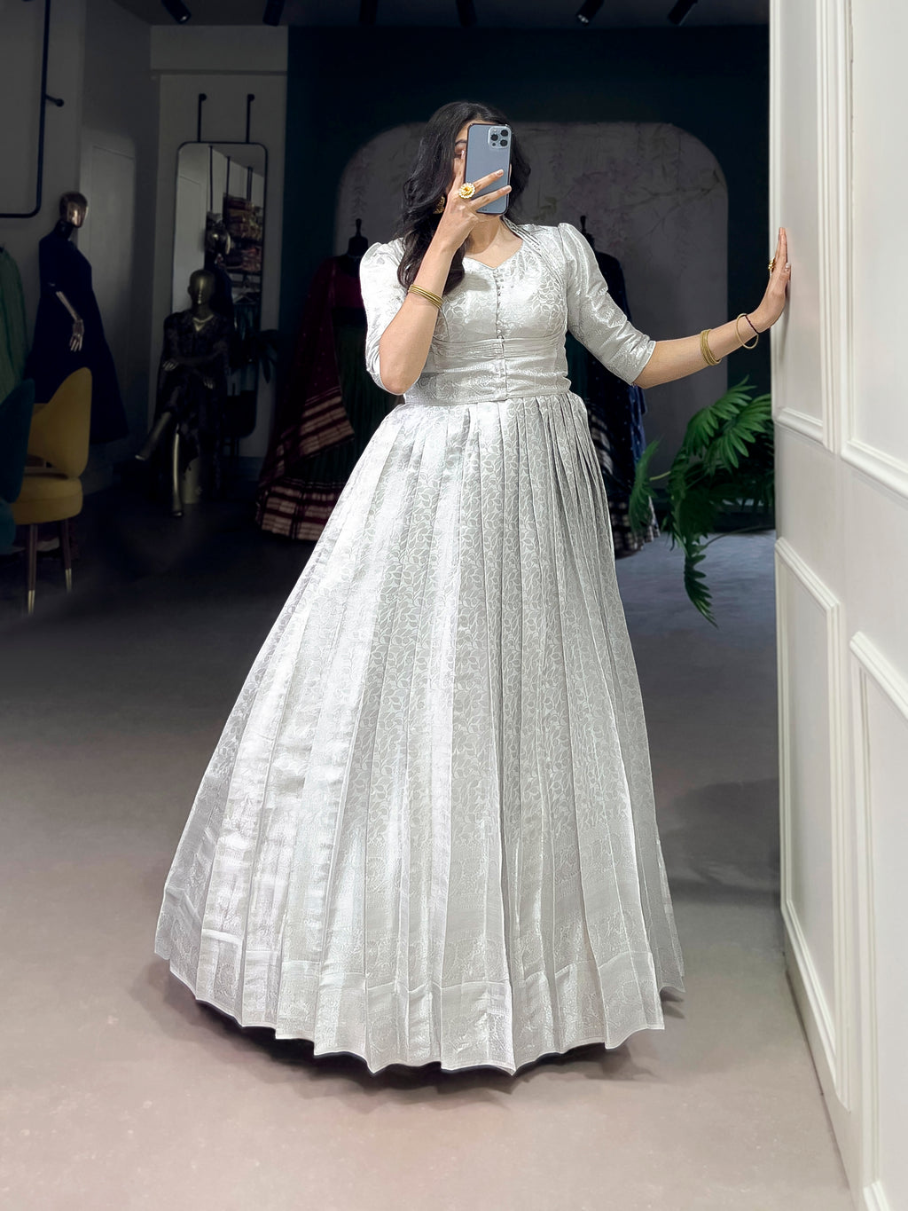 Grey Color Kanjivaram Zari Weaving Work Gown with Lace Touch-Up Koti