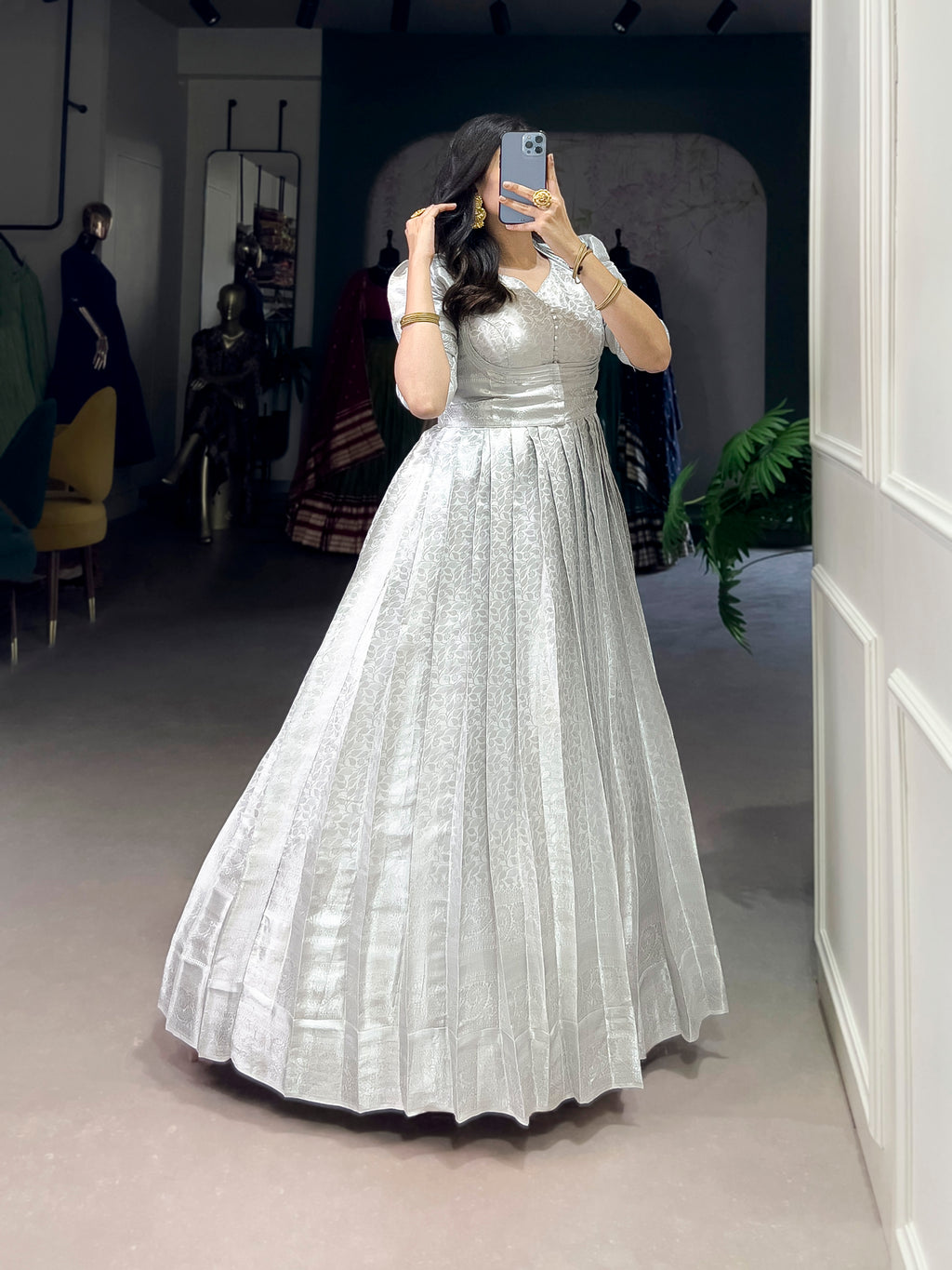 Grey Color Kanjivaram Zari Weaving Work Gown with Lace Touch-Up Koti