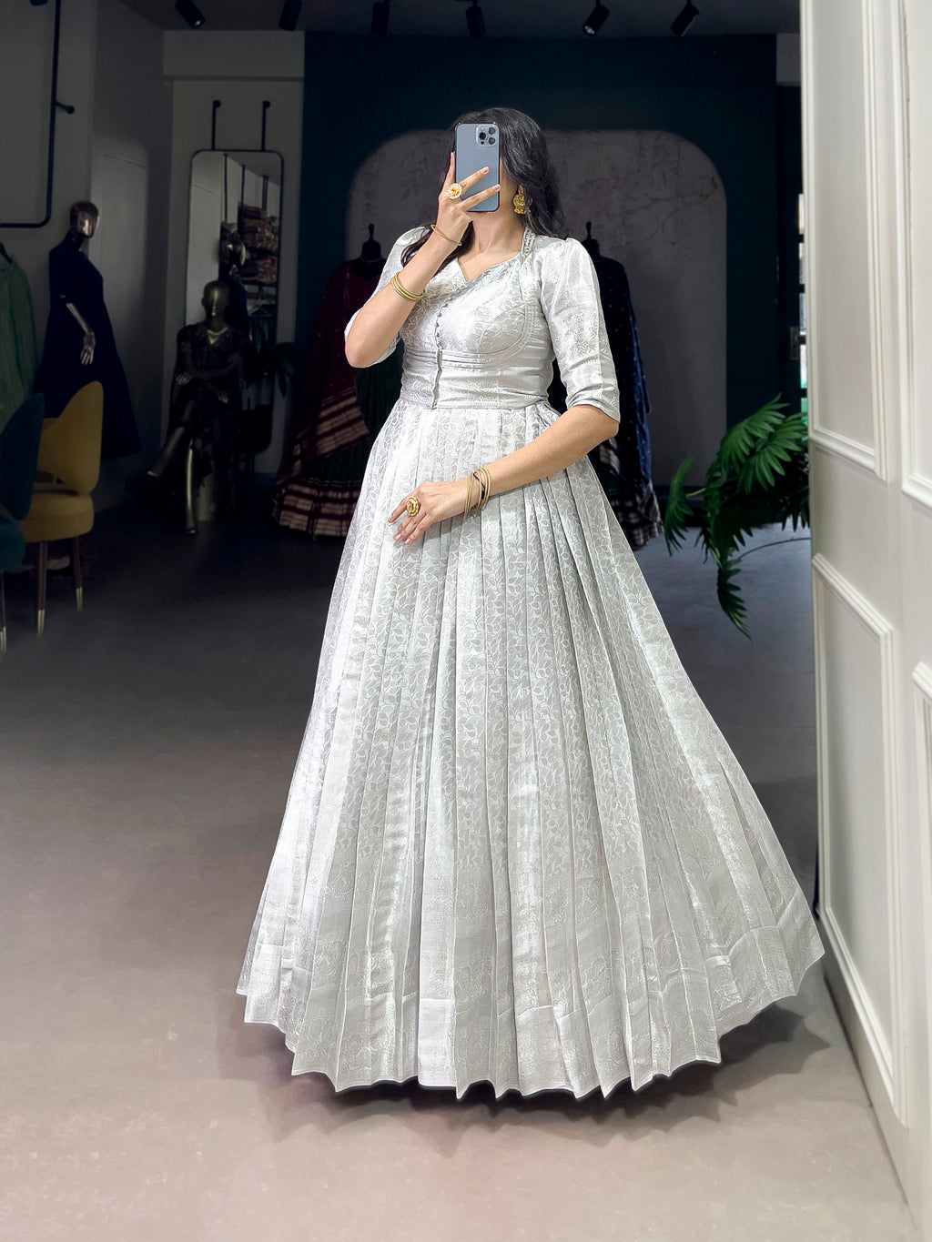 Grey Color Kanjivaram Zari Weaving Work Gown with Lace Touch-Up Koti