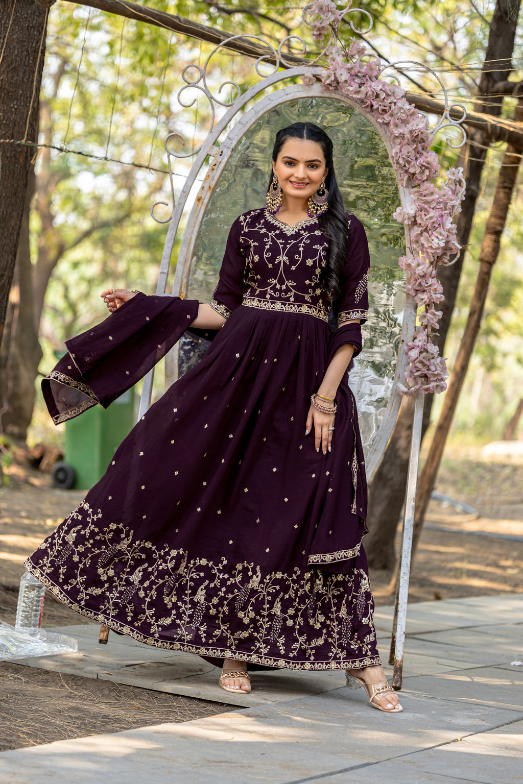 Wine Color Shimmer Vichitra Embroidered Gown with Dupatta