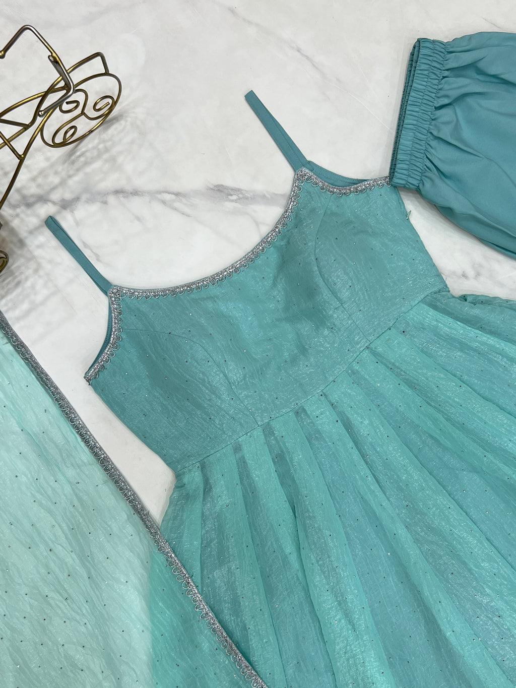 Pastel Aqua Blue Shimmer Anarkali Gown with Delicate Sparkle Detailing, Spaghetti Straps & Sheer Matching Dupatta