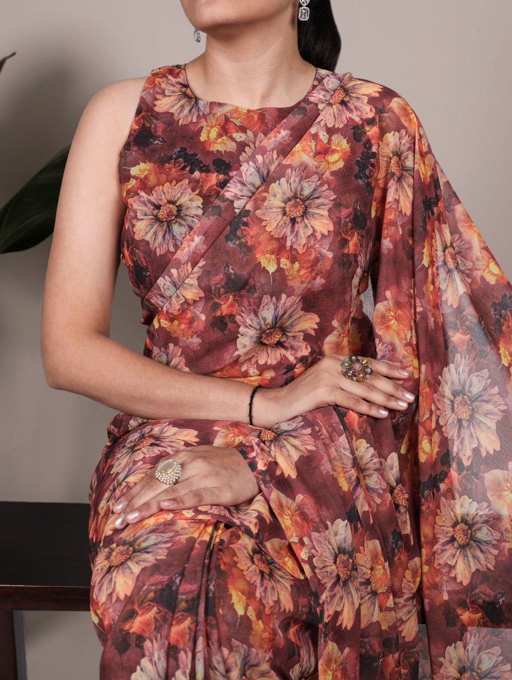 Rust orange weightless marble floral print saree with unstitched blouse
