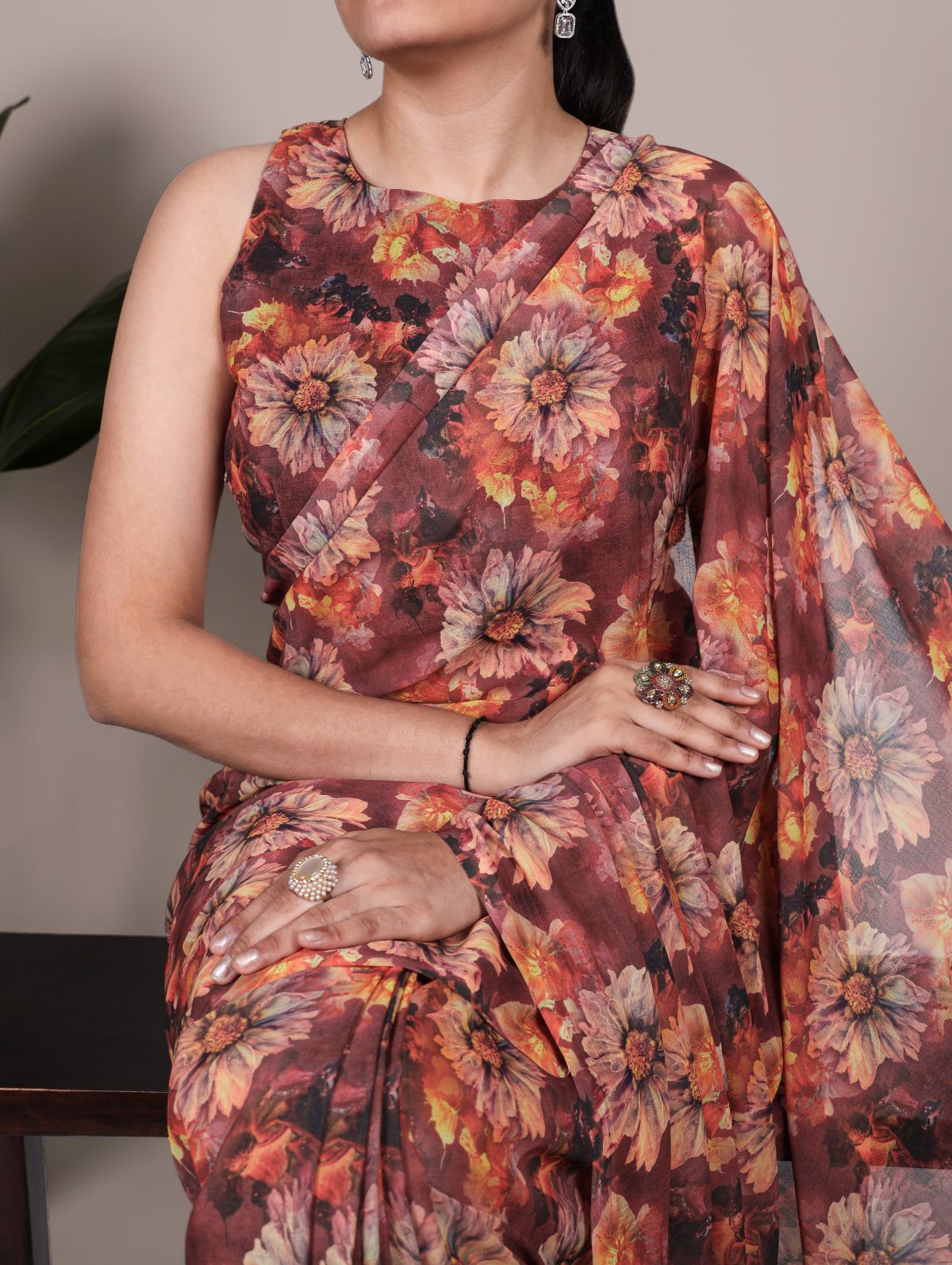 Rust Orange Color Weightless Marble Floral Print Saree with Unstitched Blouse