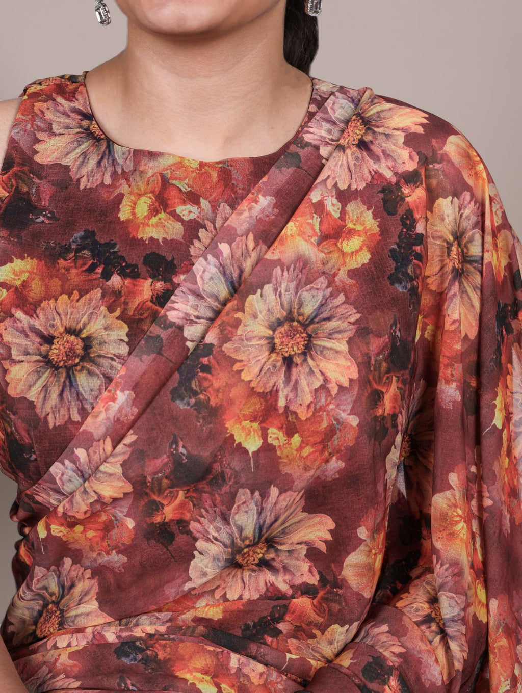Rust orange weightless marble floral print saree with unstitched blouse