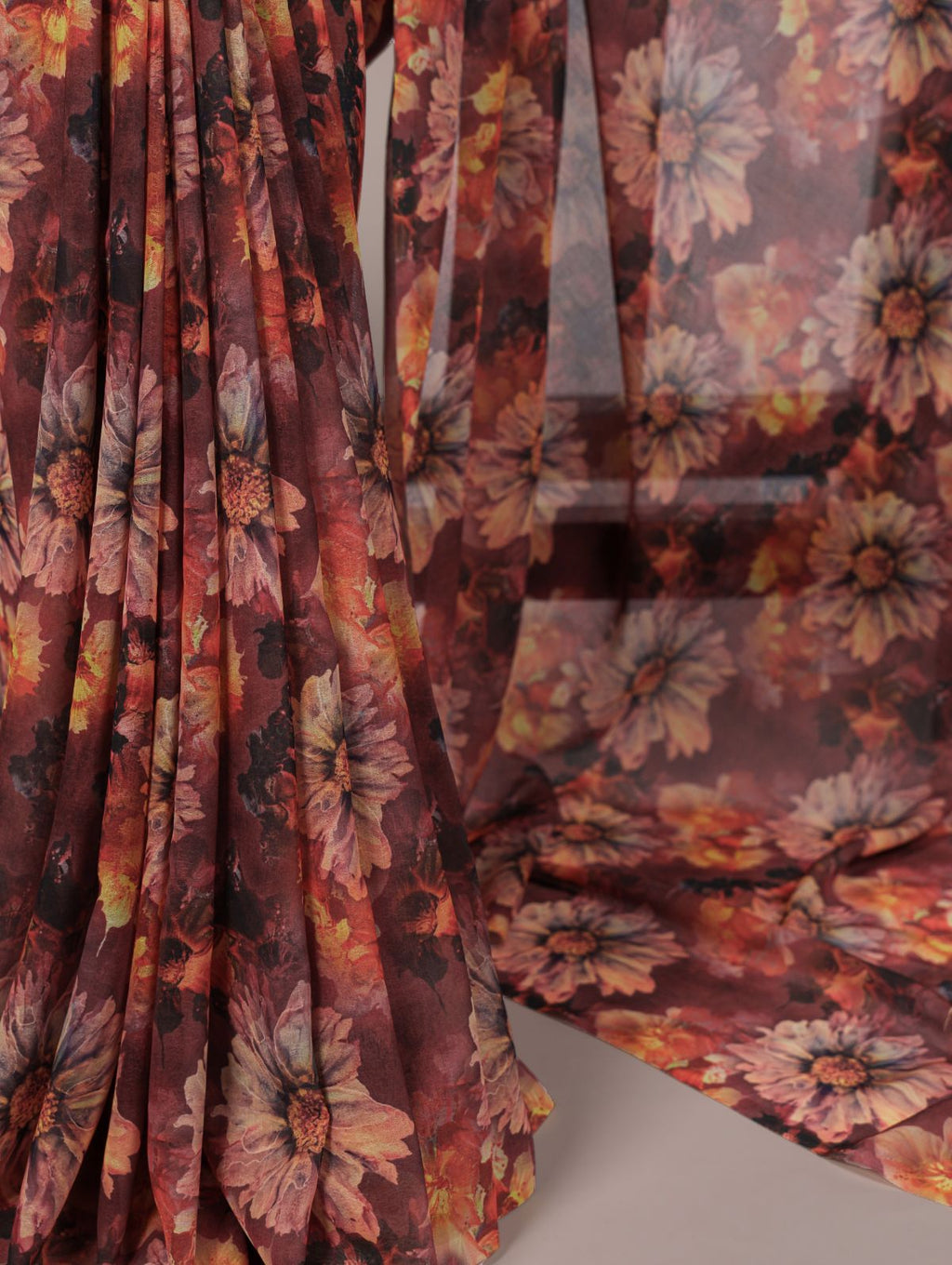 Rust orange weightless marble floral print saree with unstitched blouse