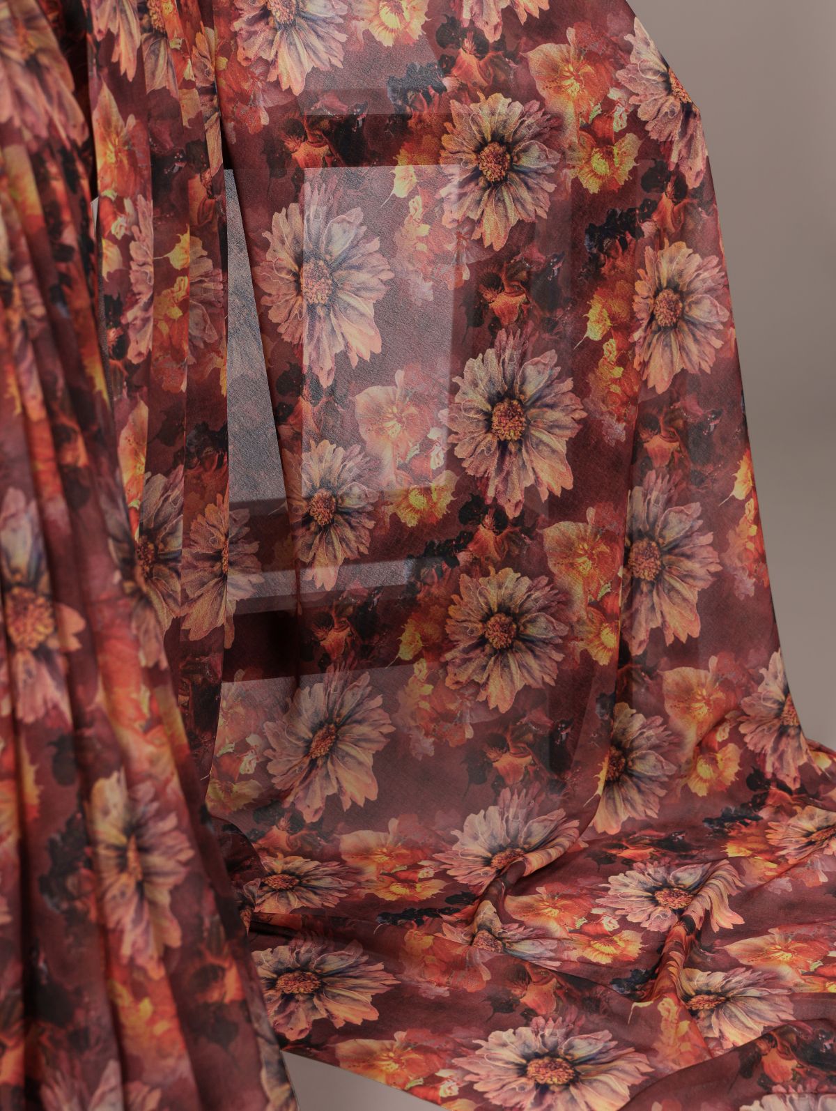 Rust Orange Color Weightless Marble Floral Print Saree with Unstitched Blouse