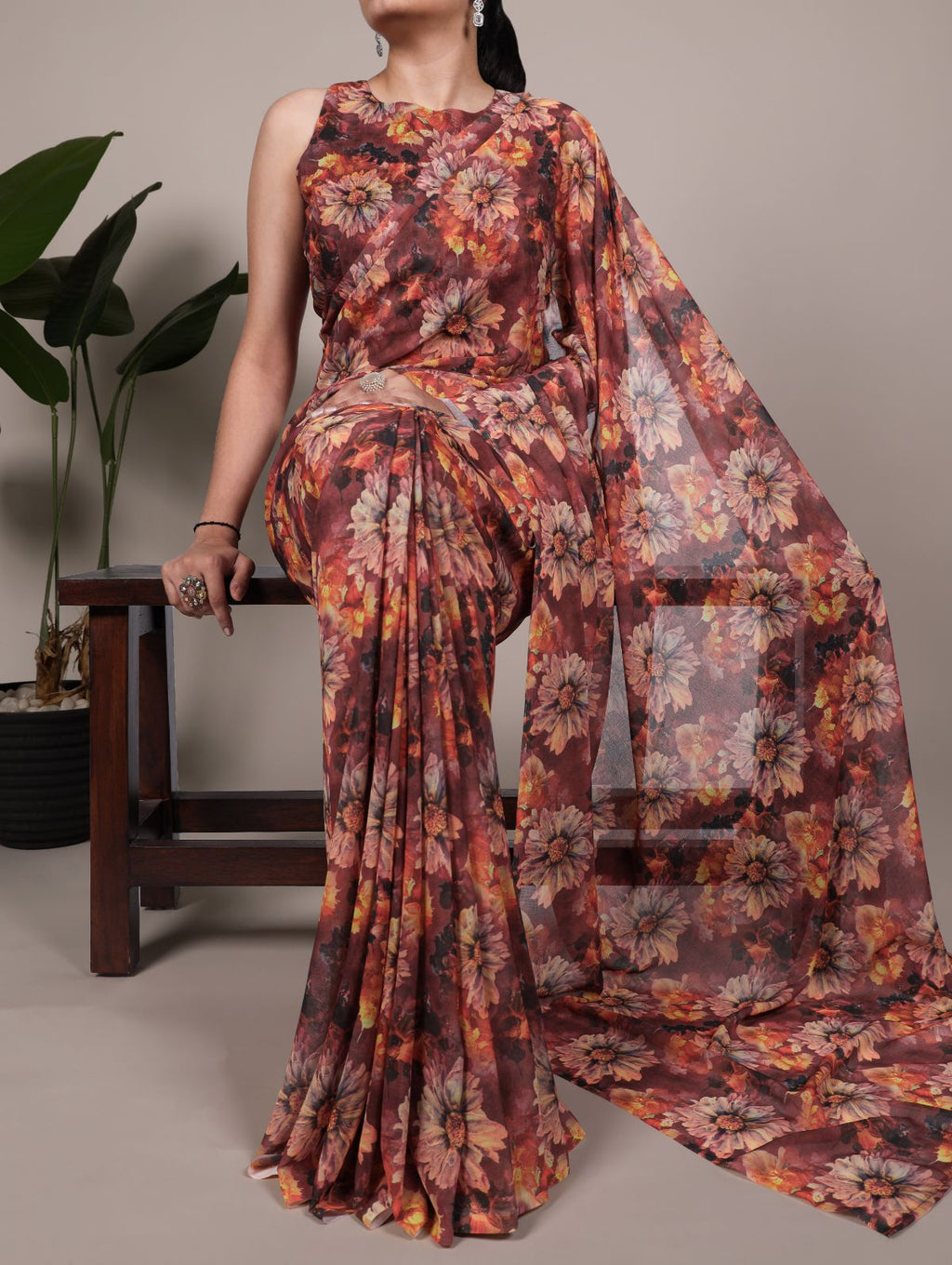 Rust orange weightless marble floral print saree with unstitched blouse