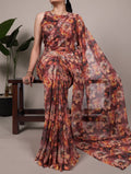 Rust orange weightless marble floral print saree with unstitched blouse