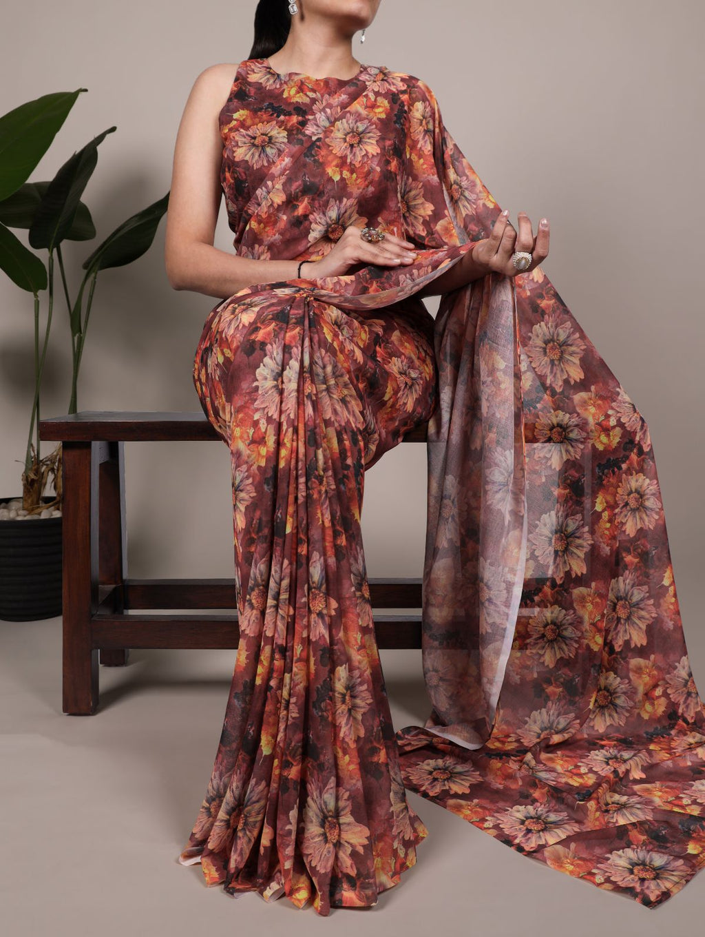 Rust orange weightless marble floral print saree with unstitched blouse