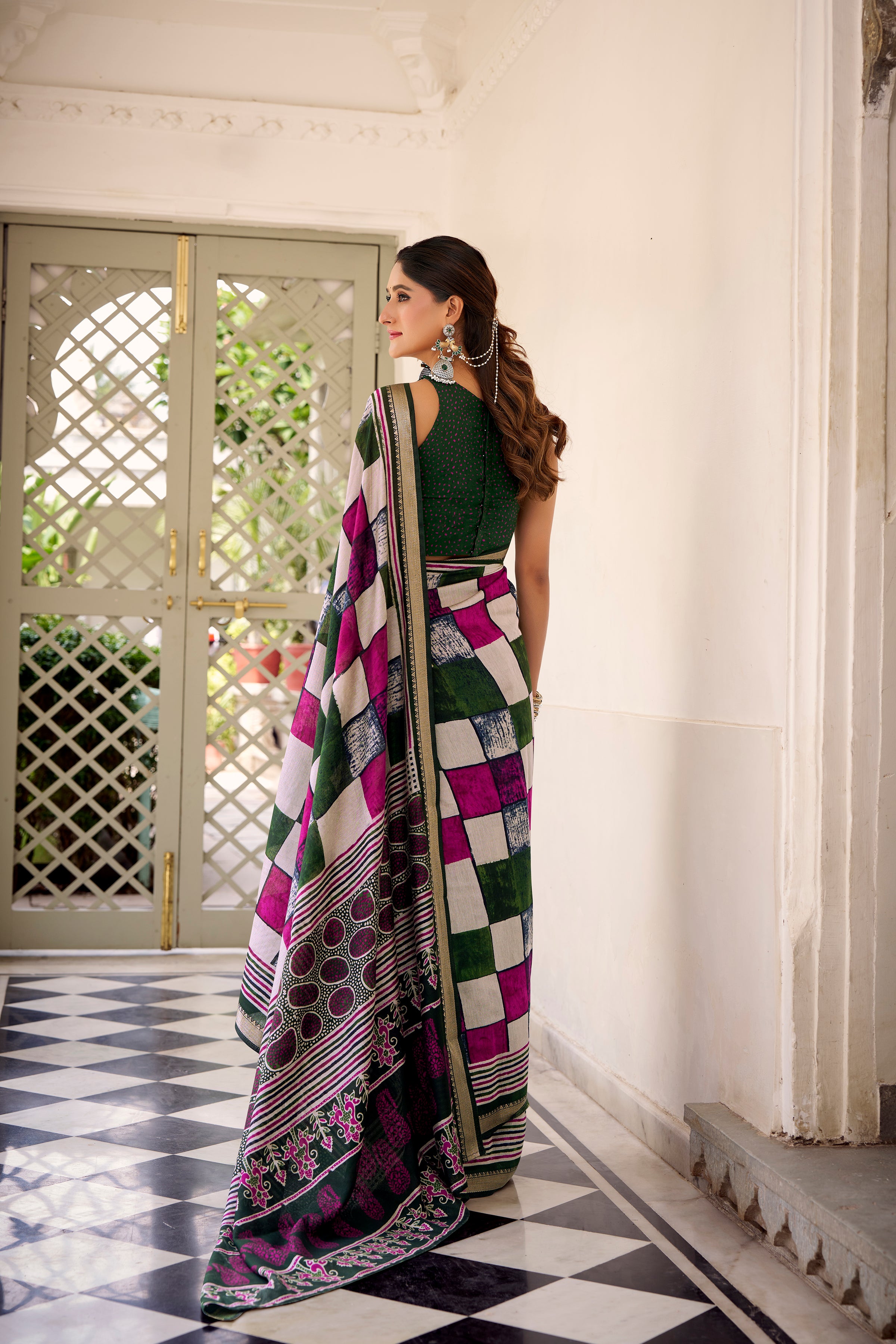 Green Color Polyester Viscose Chanderi Printed Saree with Unstitched Blouse