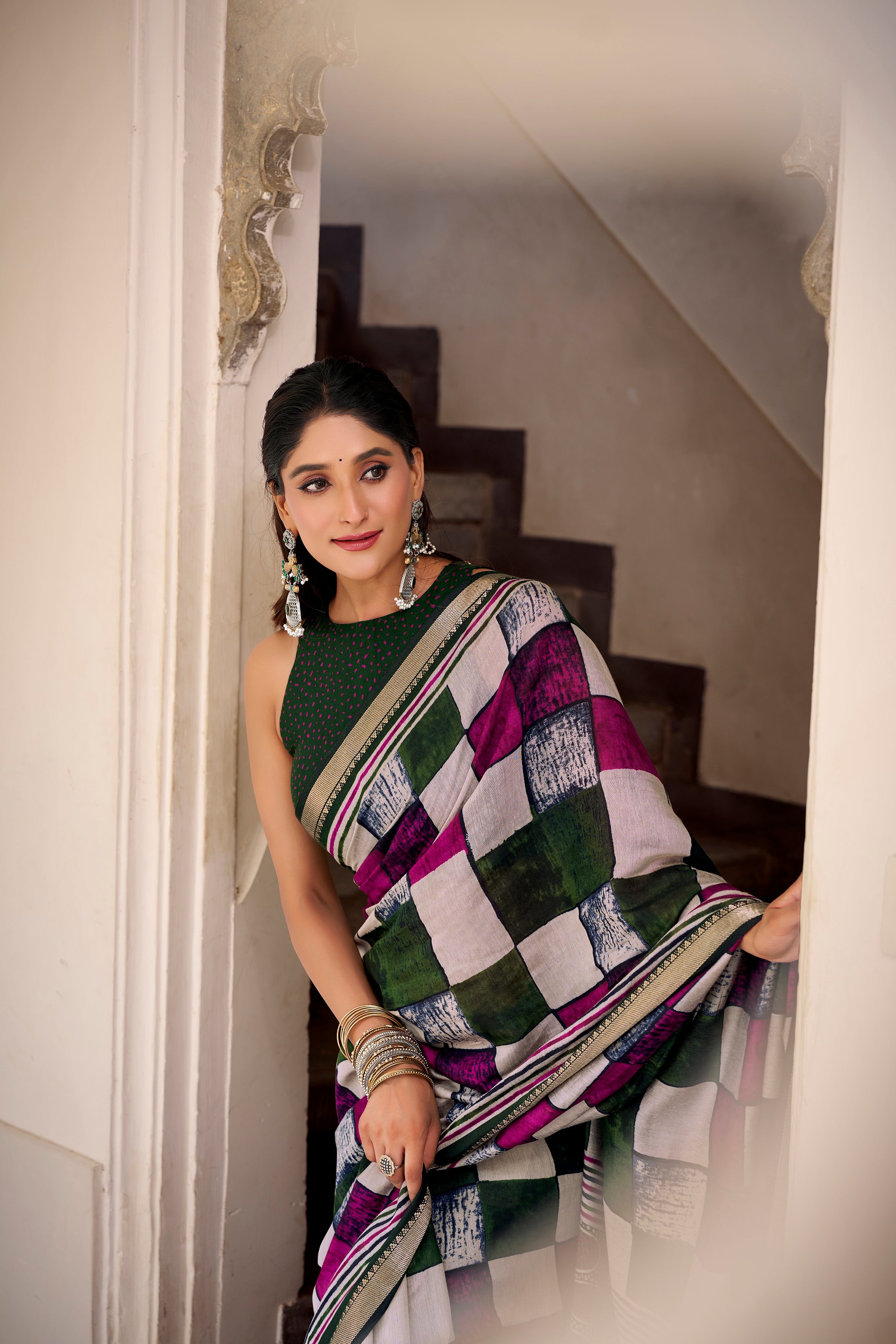 Green Color Polyester Viscose Chanderi Printed Saree with Unstitched Blouse