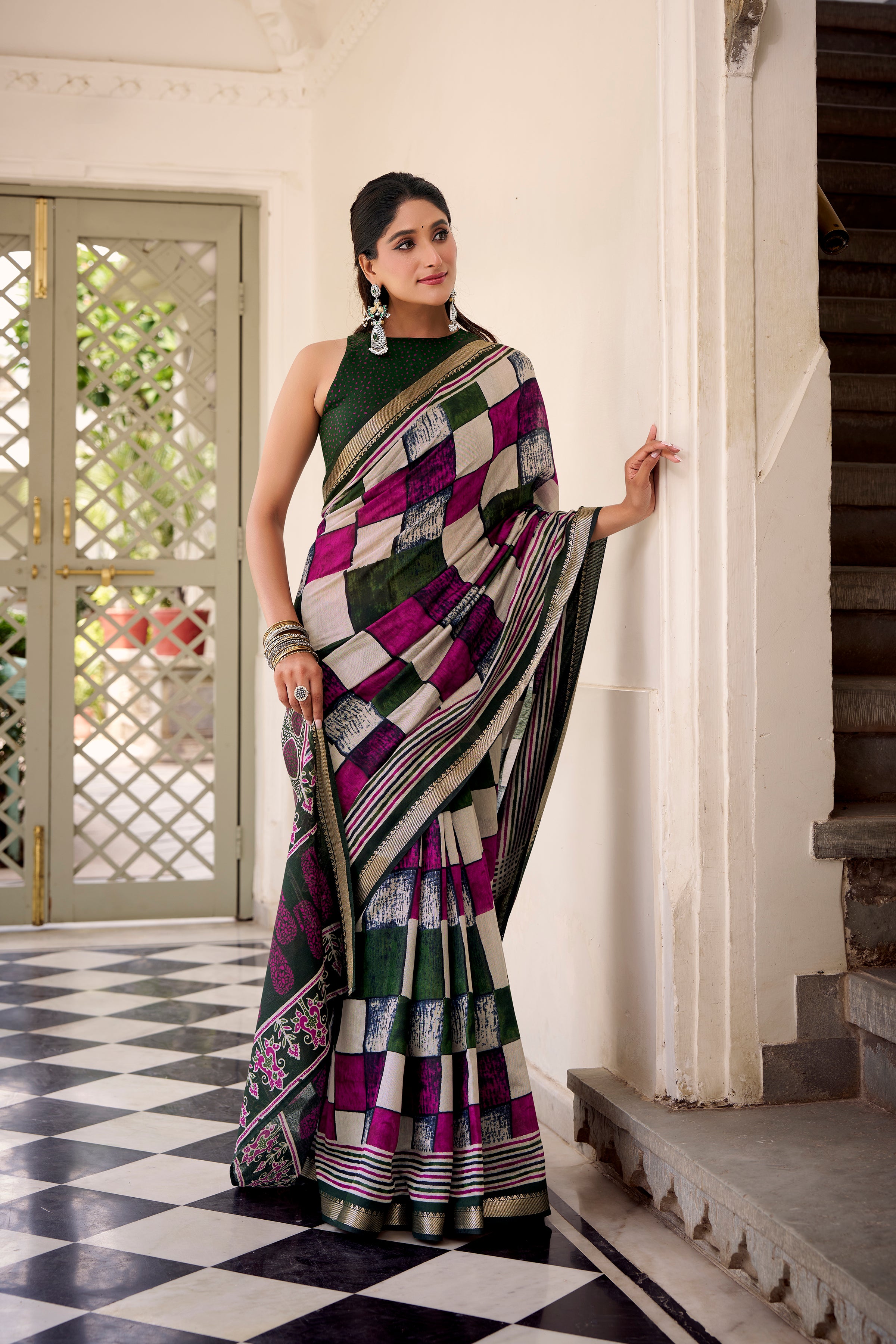 Green Color Polyester Viscose Chanderi Printed Saree with Unstitched Blouse