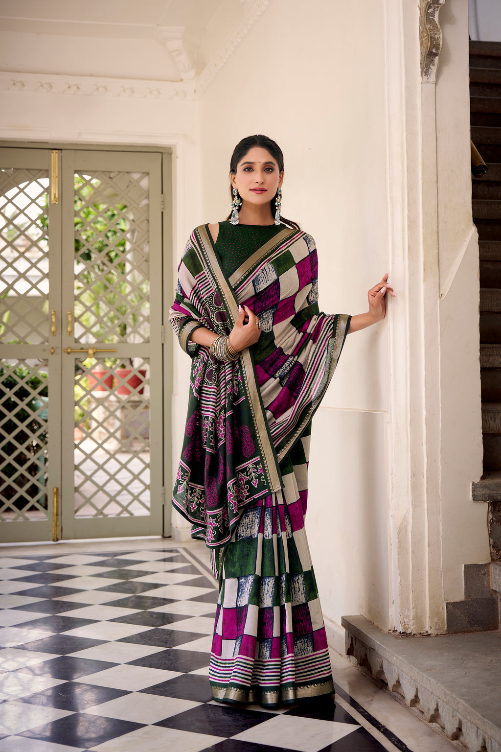Green Color Polyester Viscose Chanderi Printed Saree with Unstitched Blouse