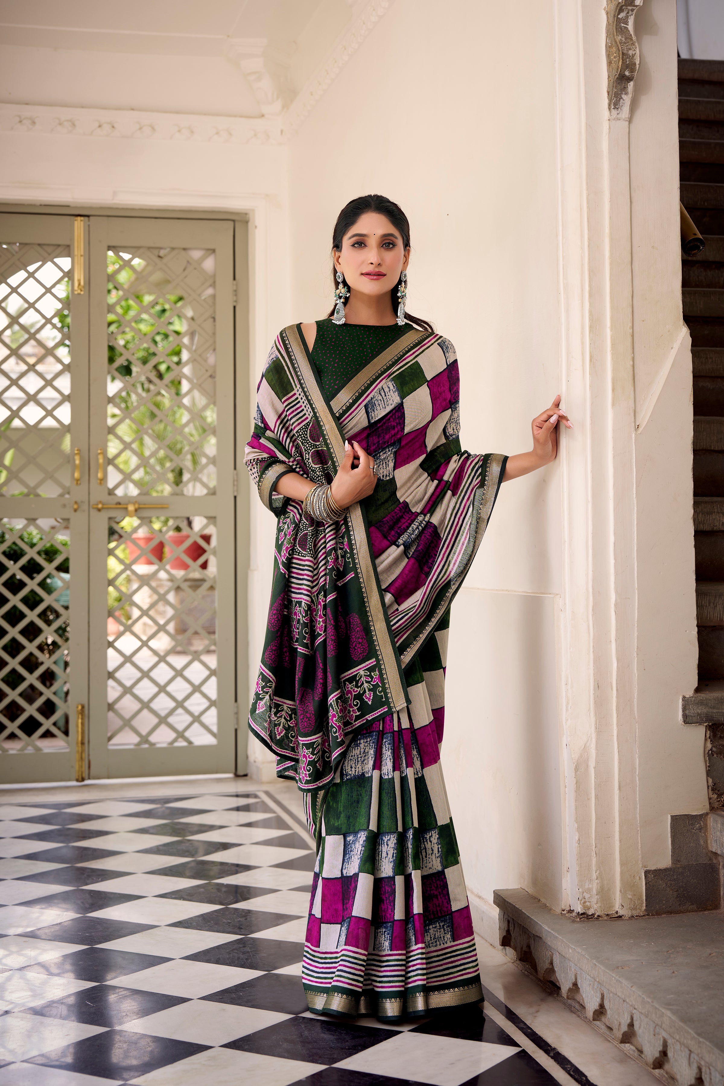 Green Color Polyester Viscose Chanderi Printed Saree with Unstitched Blouse