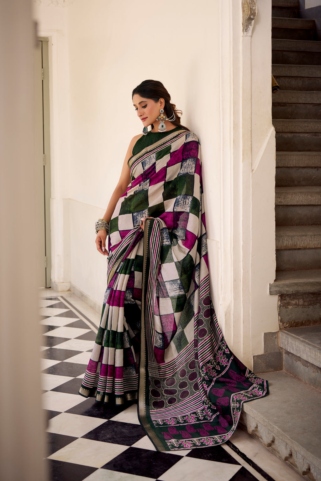 Green Color Polyester Viscose Chanderi Printed Saree with Unstitched Blouse