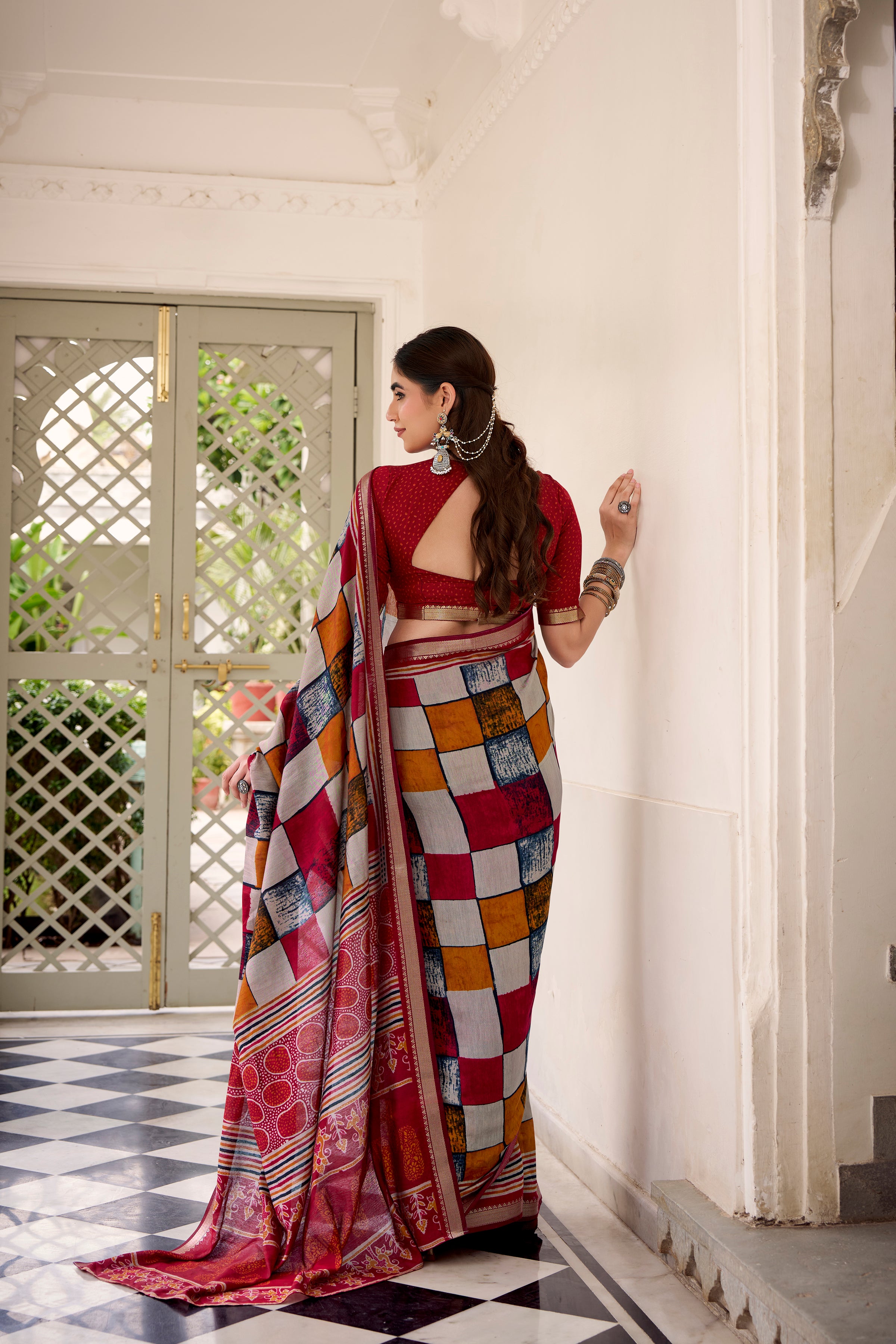 Maroon Color Polyester Viscose Chanderi Printed Saree with Unstitched Blouse