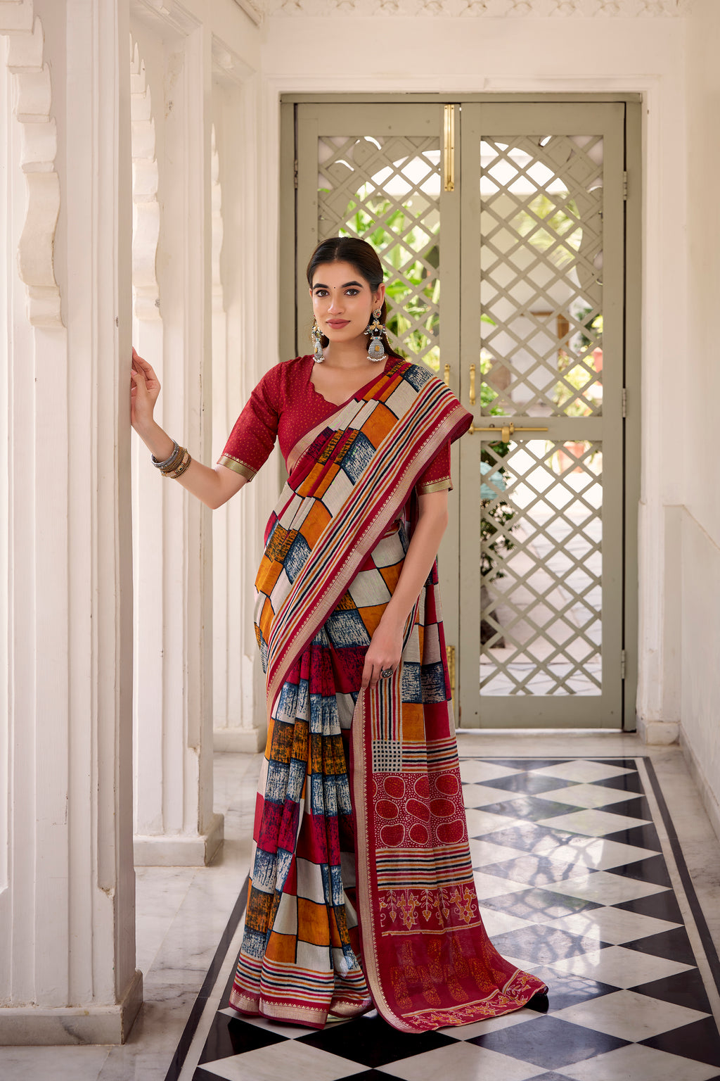 Maroon Color Polyester Viscose Chanderi Printed Saree with Unstitched Blouse