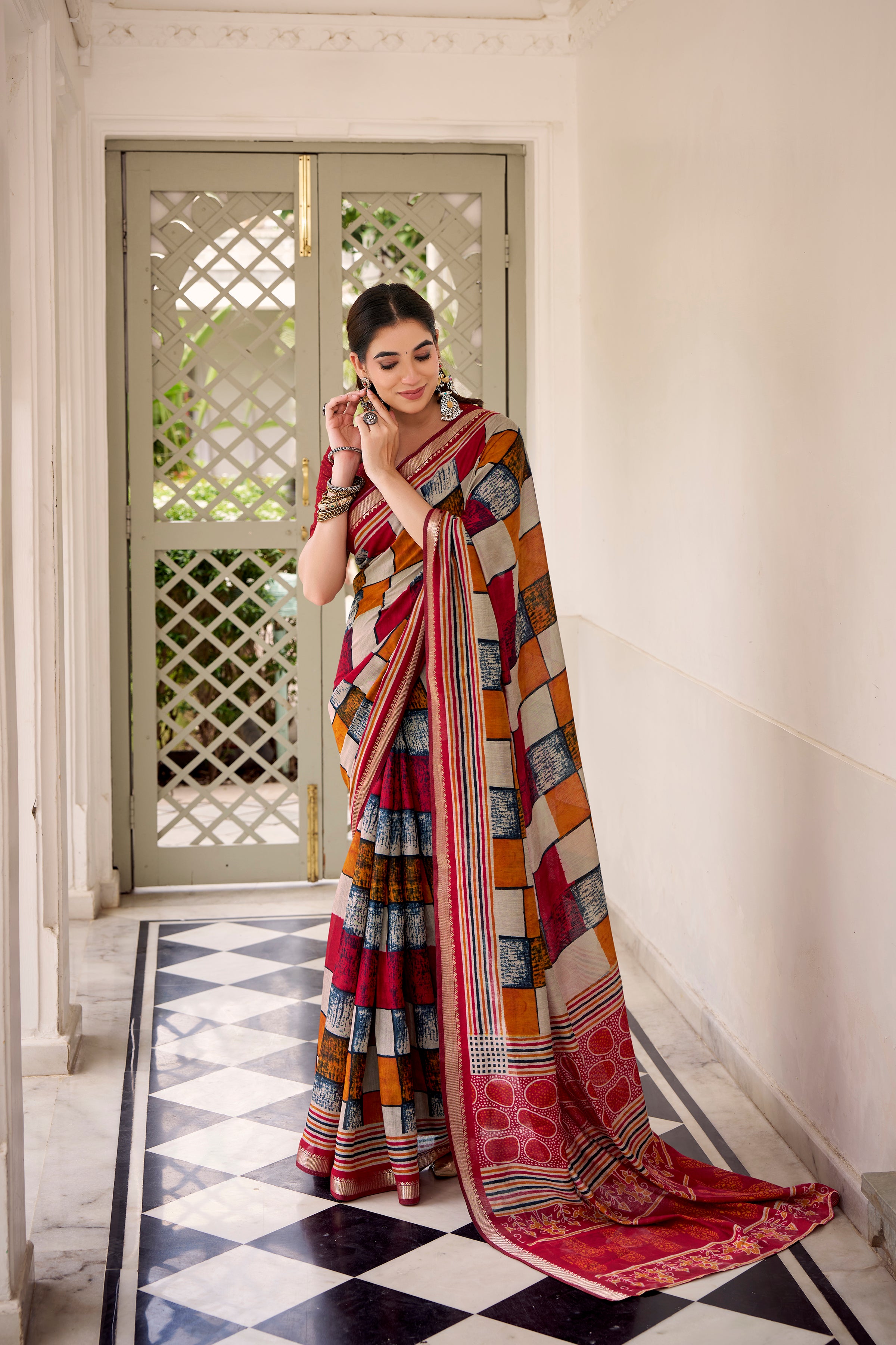Maroon Color Polyester Viscose Chanderi Printed Saree with Unstitched Blouse