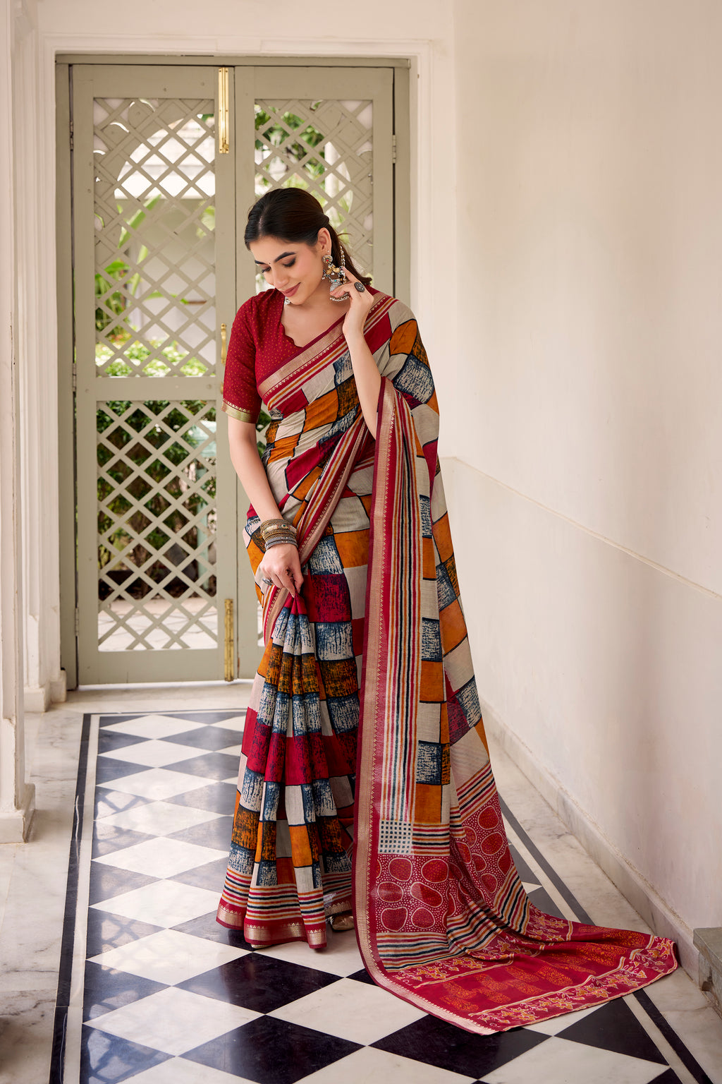 Maroon Color Polyester Viscose Chanderi Printed Saree with Unstitched Blouse