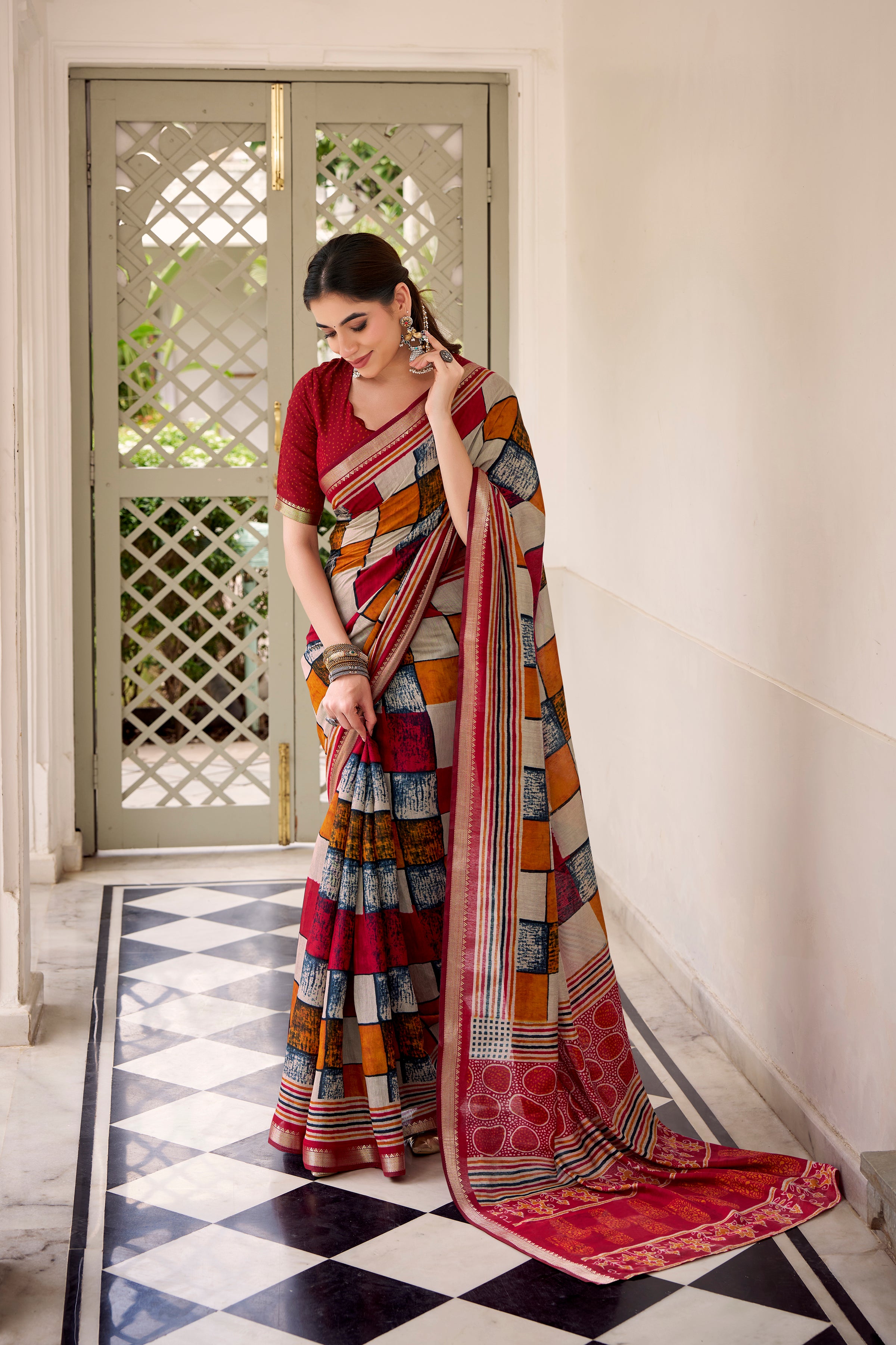 Maroon Color Polyester Viscose Chanderi Printed Saree with Unstitched Blouse