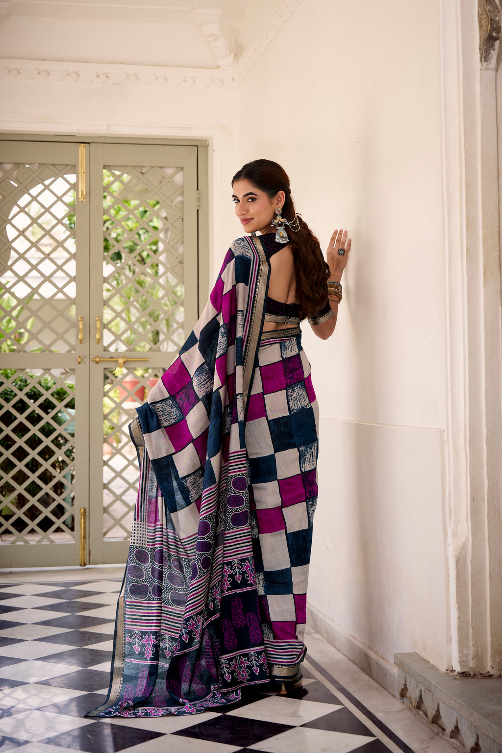 Navy Blue Color Polyester Viscose Chanderi Printed Saree with Unstitched Blouse