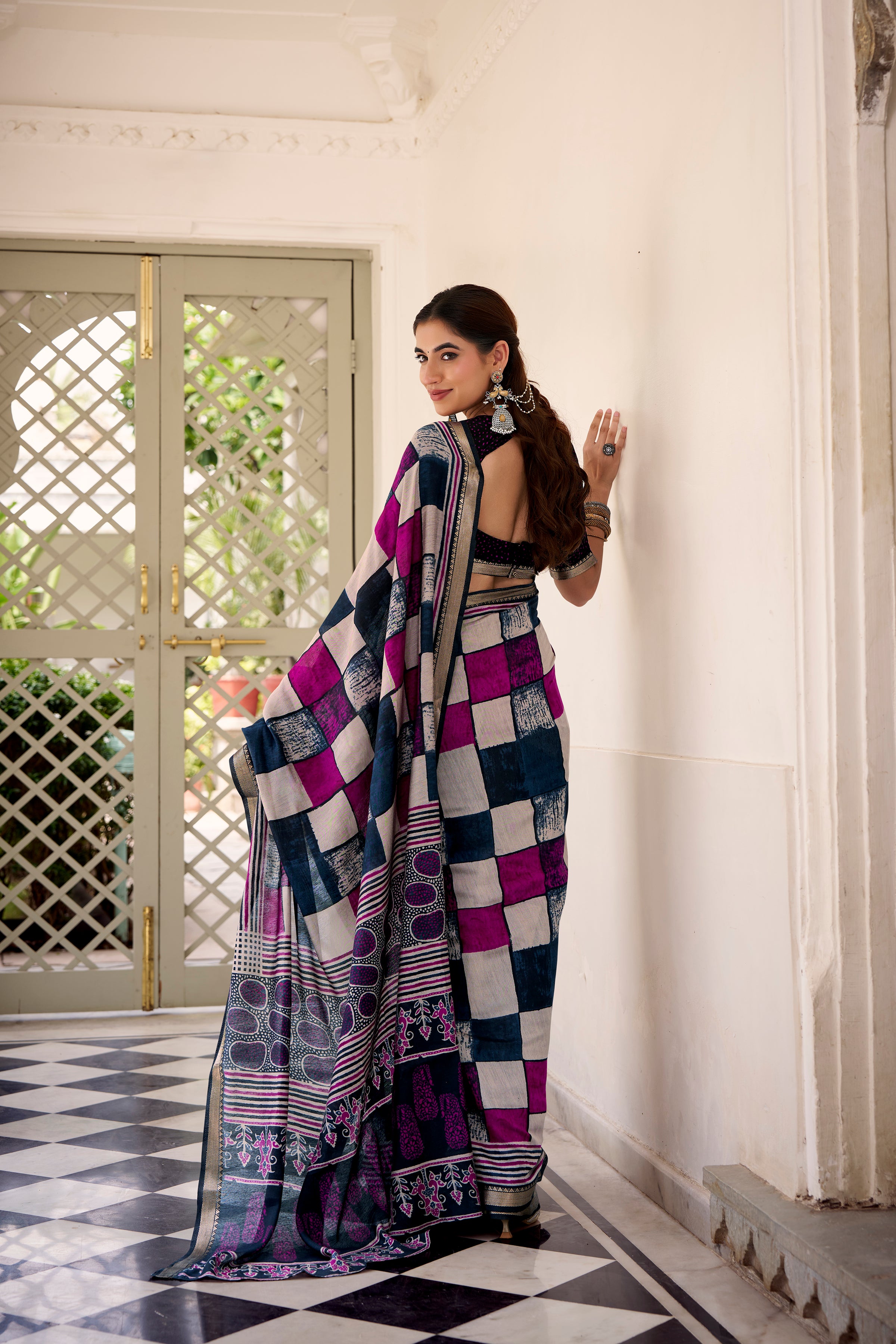 Navy Blue Color Polyester Viscose Chanderi Printed Saree with Unstitched Blouse