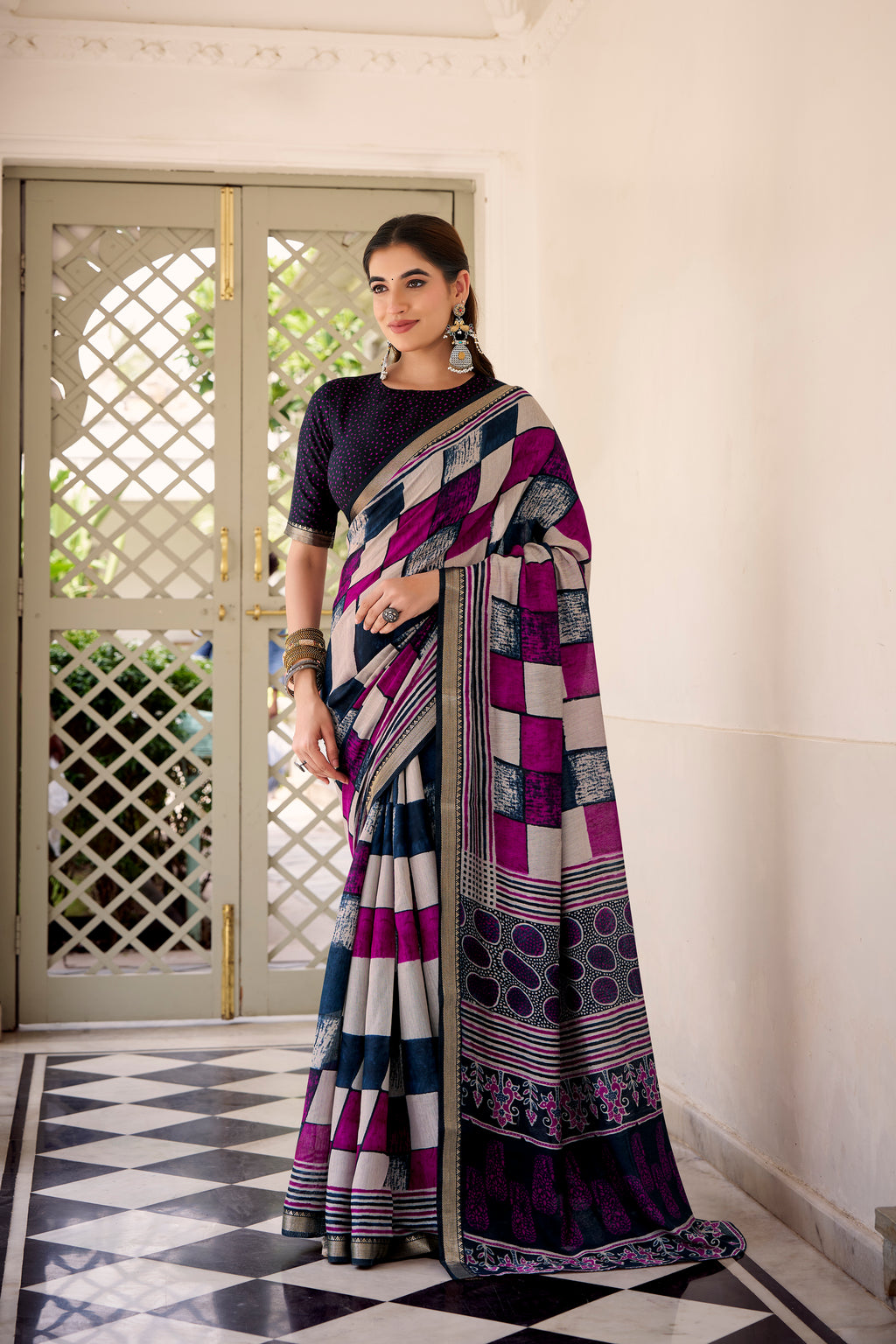 Navy Blue Color Polyester Viscose Chanderi Printed Saree with Unstitched Blouse